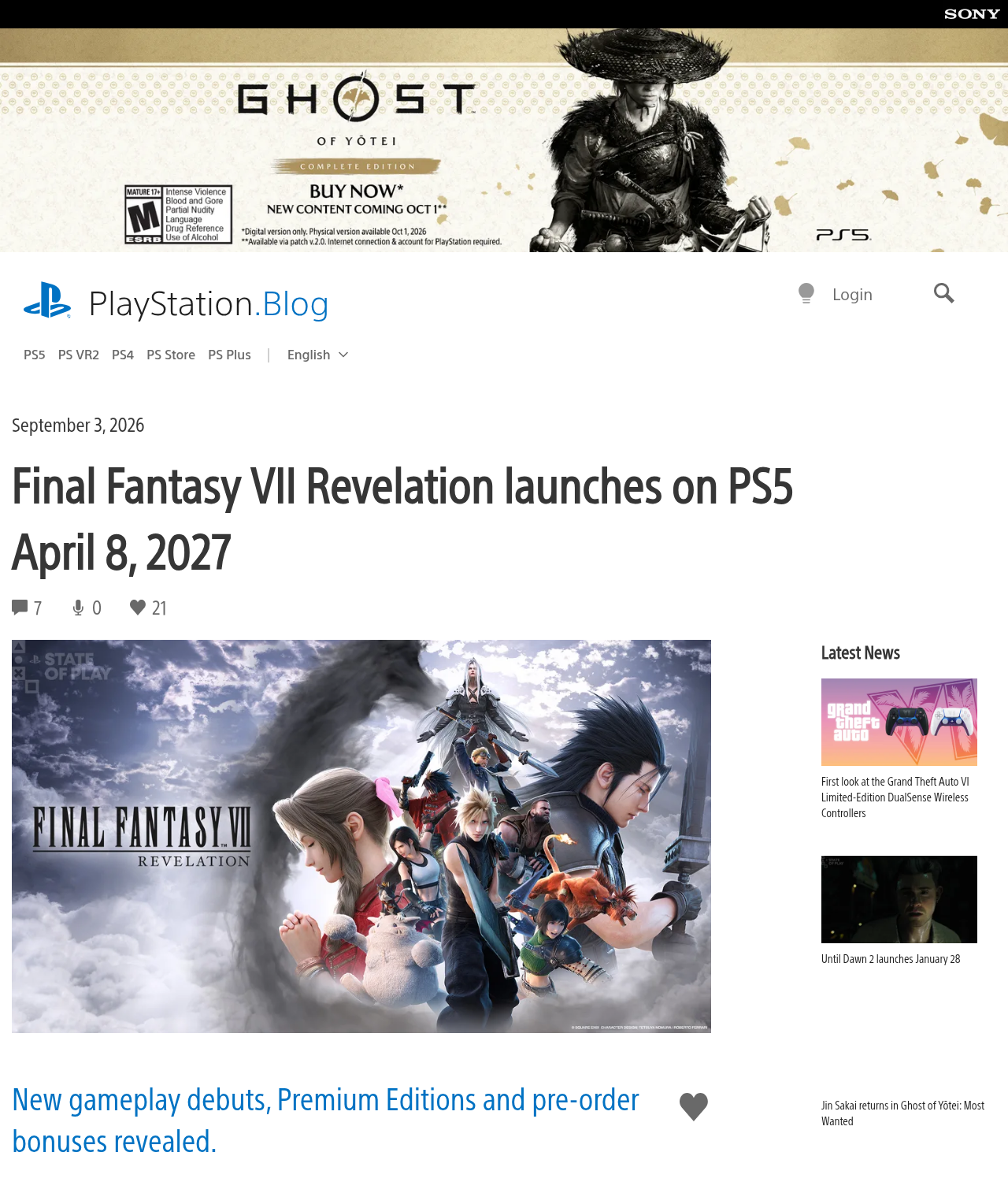 Billet du PlayStation Blog du 3 septembre 2026 titré Final Fantasy VII Revelation launches on PS5 April 8, 2027, avec le key art officiel réunissant Cloud, Tifa, Aerith, Zack, Sephiroth et Red XIII dans les nuages