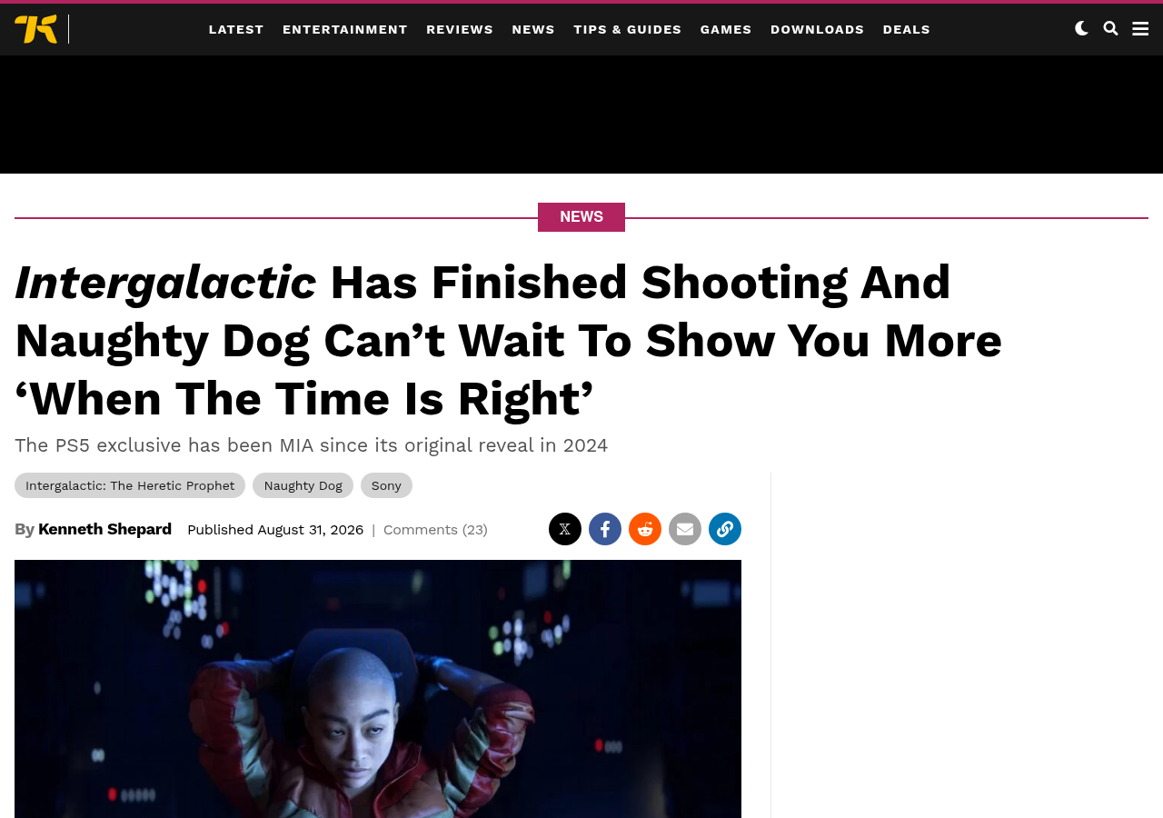 Une de l'article de Kotaku par Kenneth Shepard du 31 août 2026 : Intergalactic Has Finished Shooting And Naughty Dog Can't Wait To Show You More When The Time Is Right, sous-titre sur l'exclusivité PS5 portée disparue depuis 2024