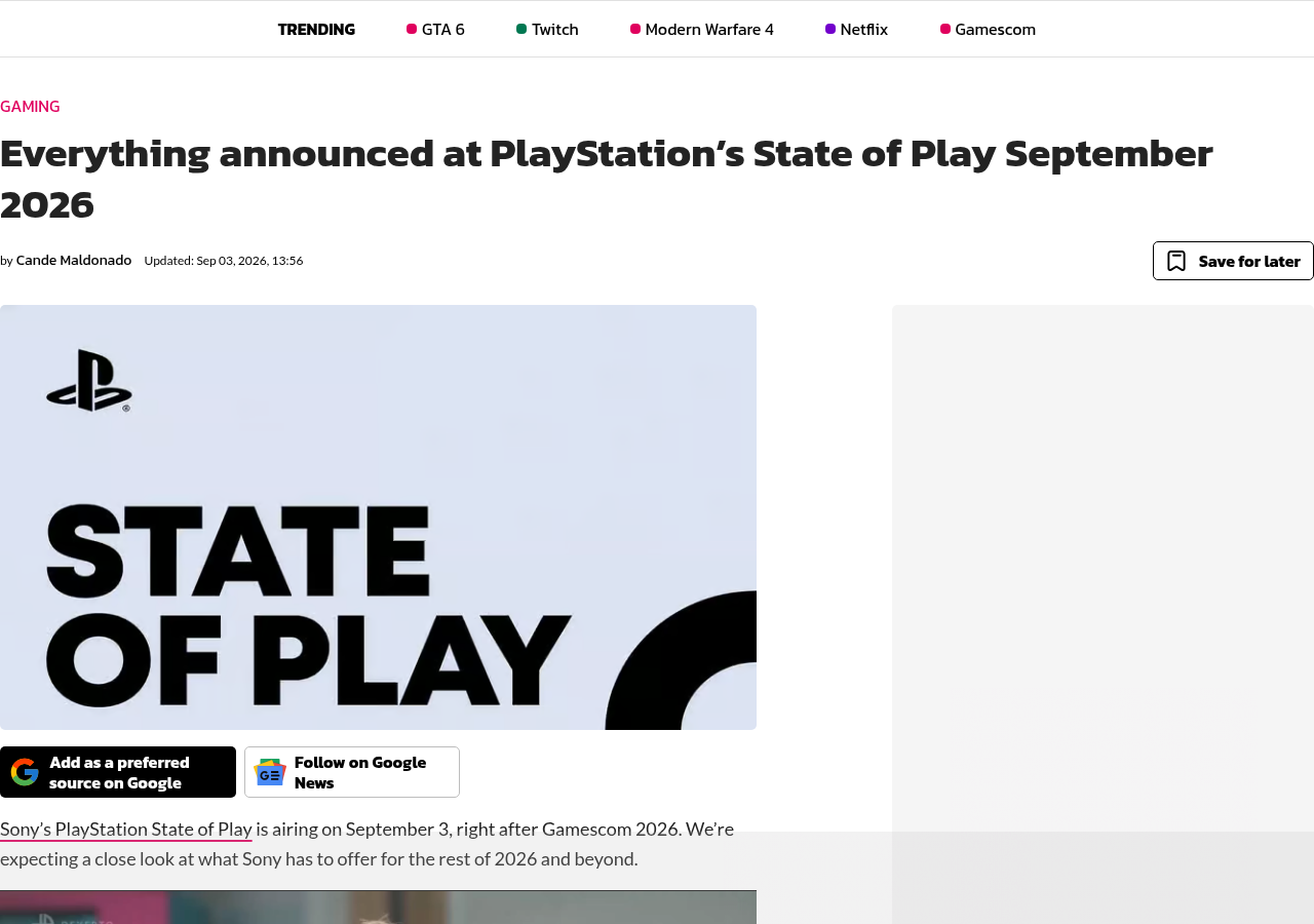 Une de l'article de Dexerto par Cande Maldonado, mis à jour le 3 septembre 2026 à 13 h 56 : Everything announced at PlayStation's State of Play September 2026, avec le logo de l'émission