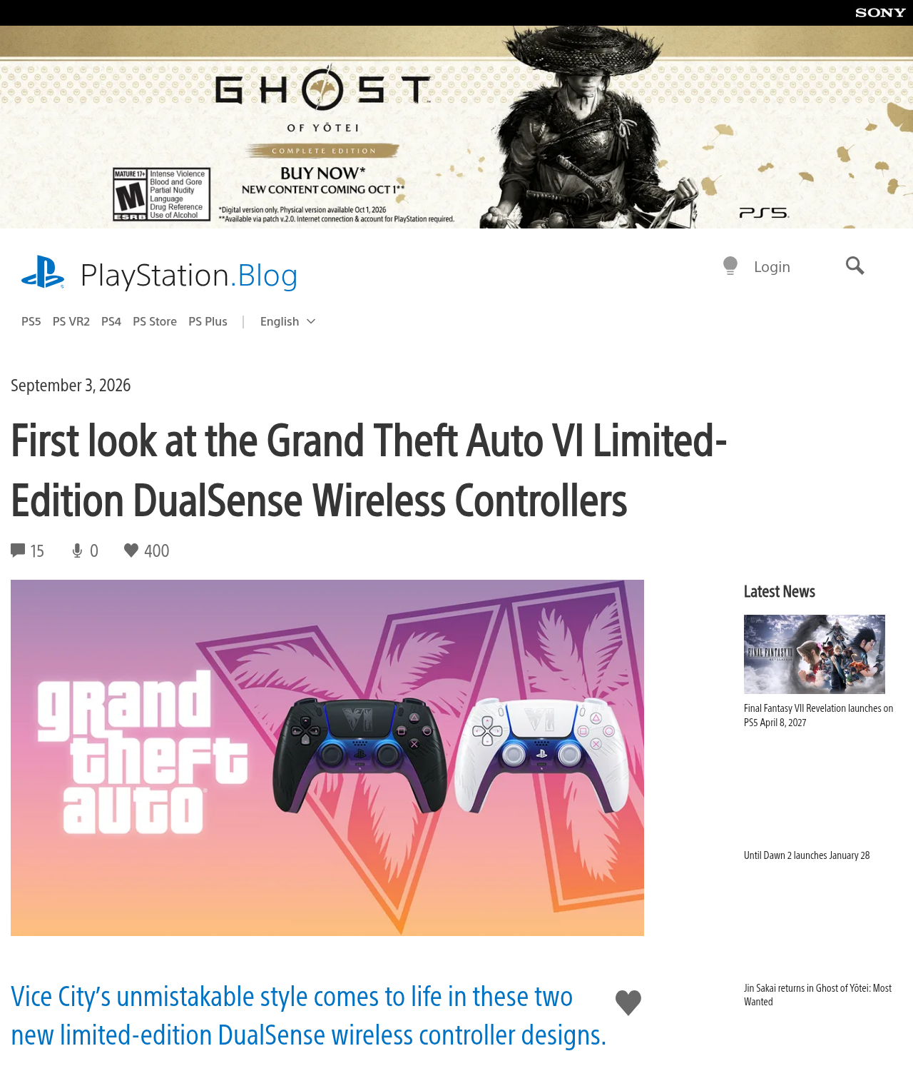 Billet du PlayStation Blog du 3 septembre 2026 montrant les deux manettes DualSense Grand Theft Auto VI en édition limitée, une noire et une blanche, devant le logo VI et des palmiers sur fond rose orangé