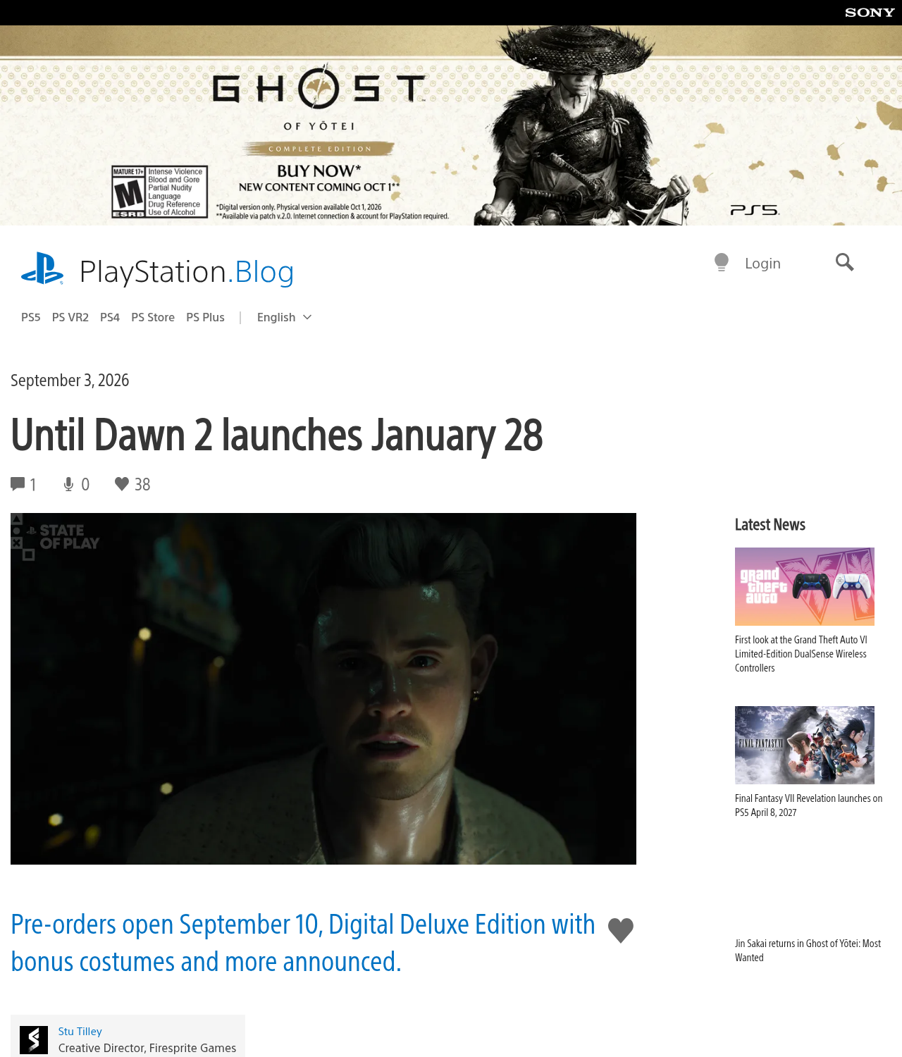 Billet du PlayStation Blog du 3 septembre 2026 titré Until Dawn 2 launches January 28, signé Stu Tilley, directeur créatif de Firesprite Games, avec une image sombre d'un jeune homme éclairé par des néons