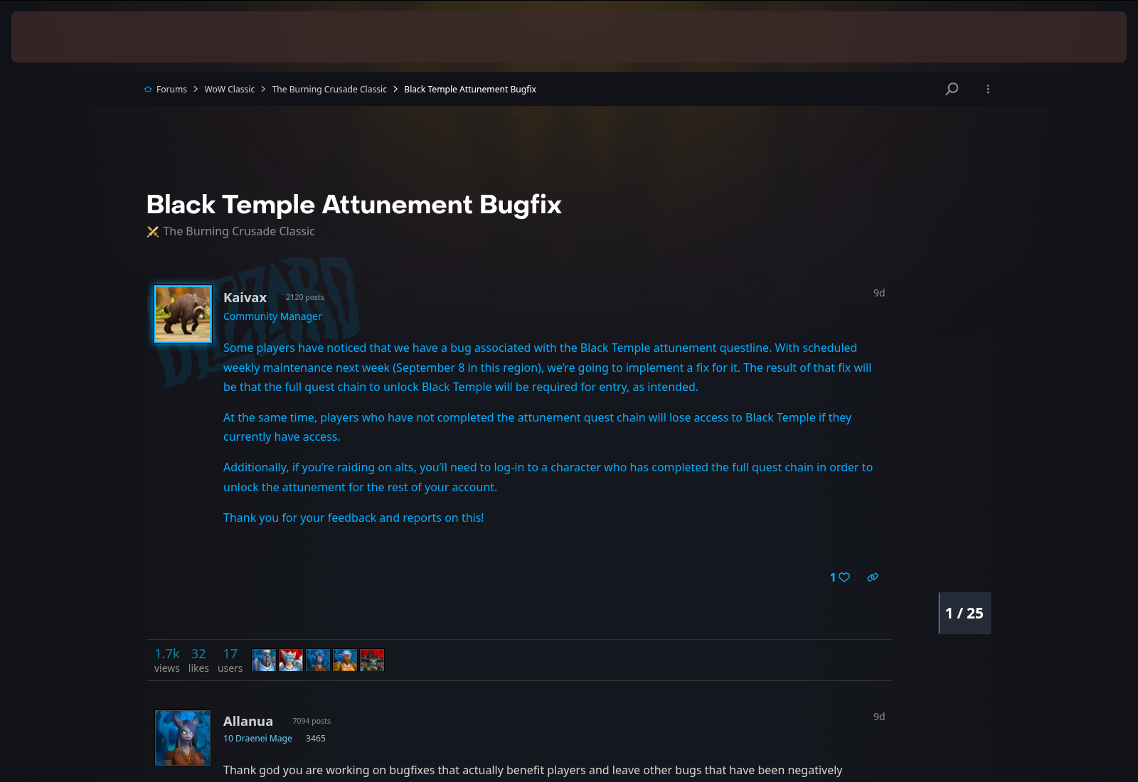 Message de Kaivax sur le forum officiel Blizzard expliquant le correctif de la chaîne d'accès au Temple noir.