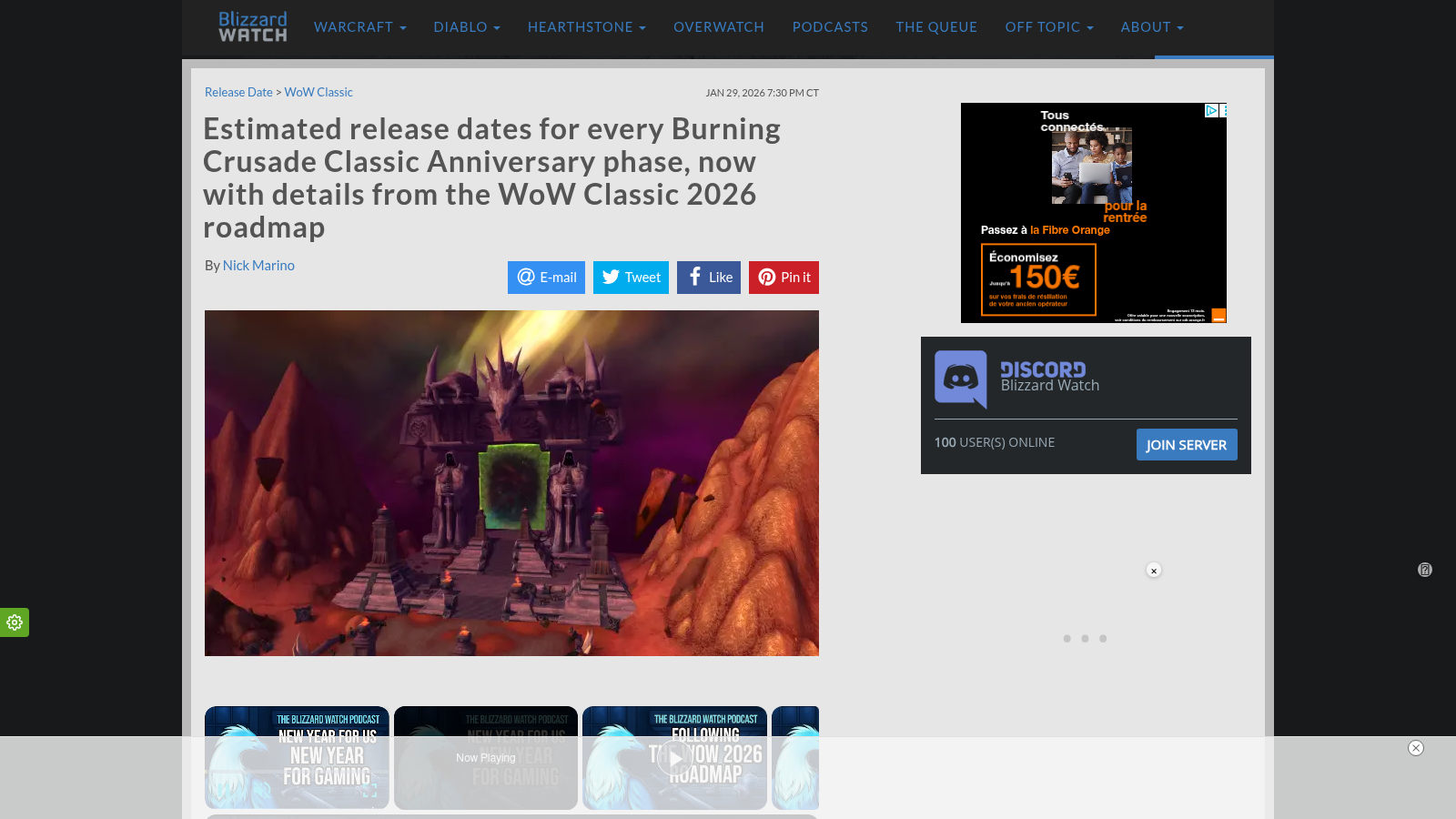 Article de Blizzard Watch estimant les dates de chaque phase de Burning Crusade Classic Anniversaire