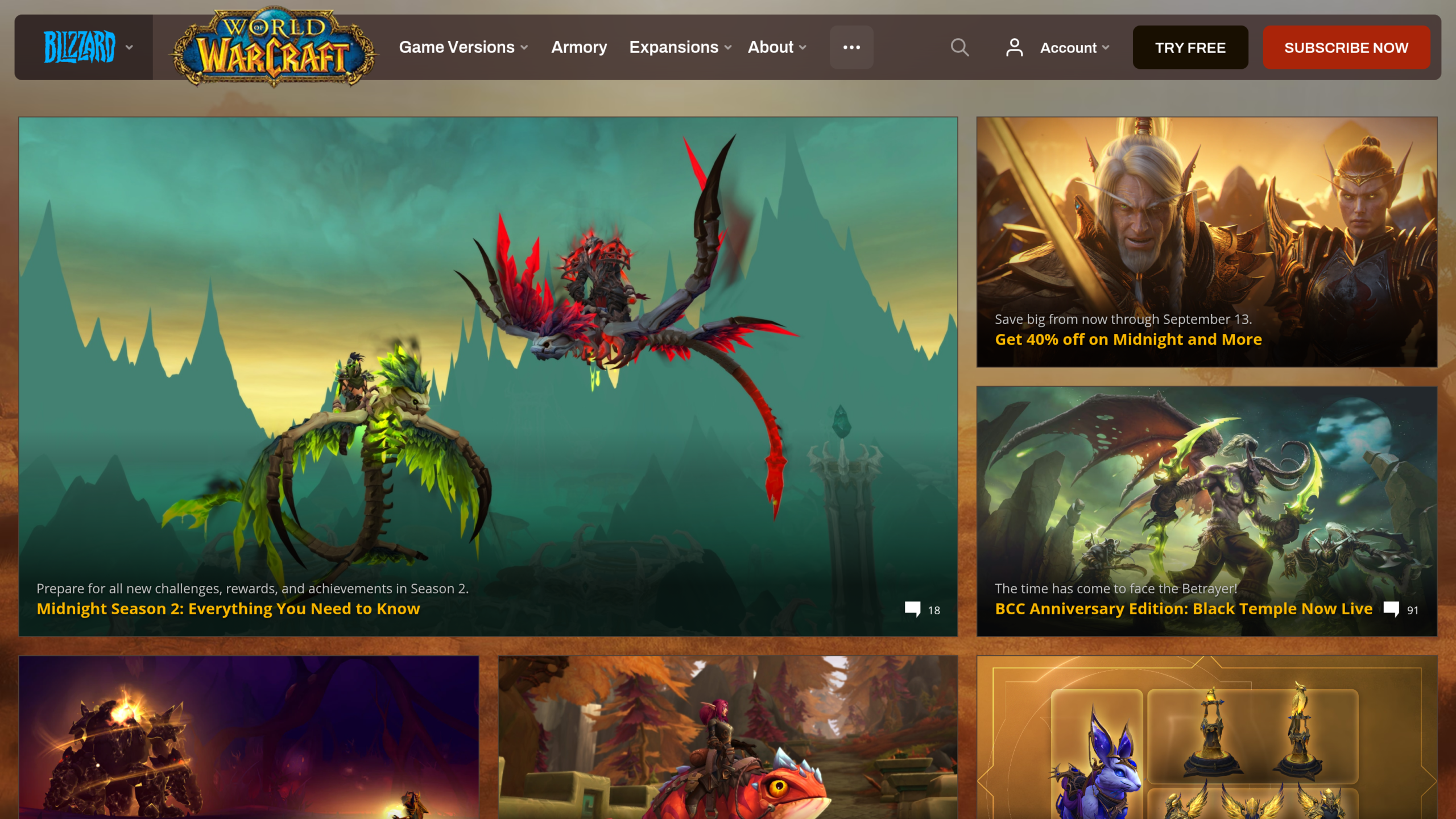 Page d'actualités officielle de World of Warcraft montrant l'encart annonçant l'ouverture du Temple noir
