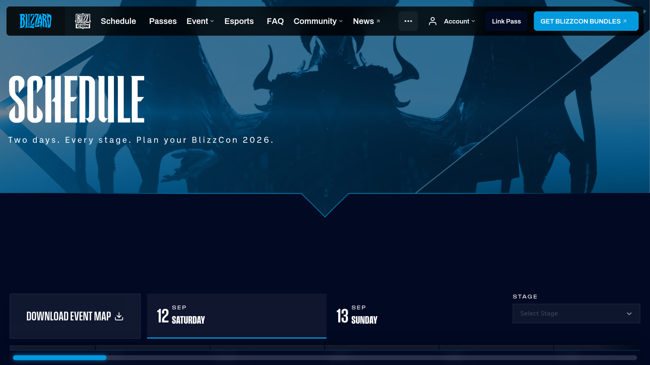Page programme du site officiel de la BlizzCon avec les onglets des 12 et 13 septembre