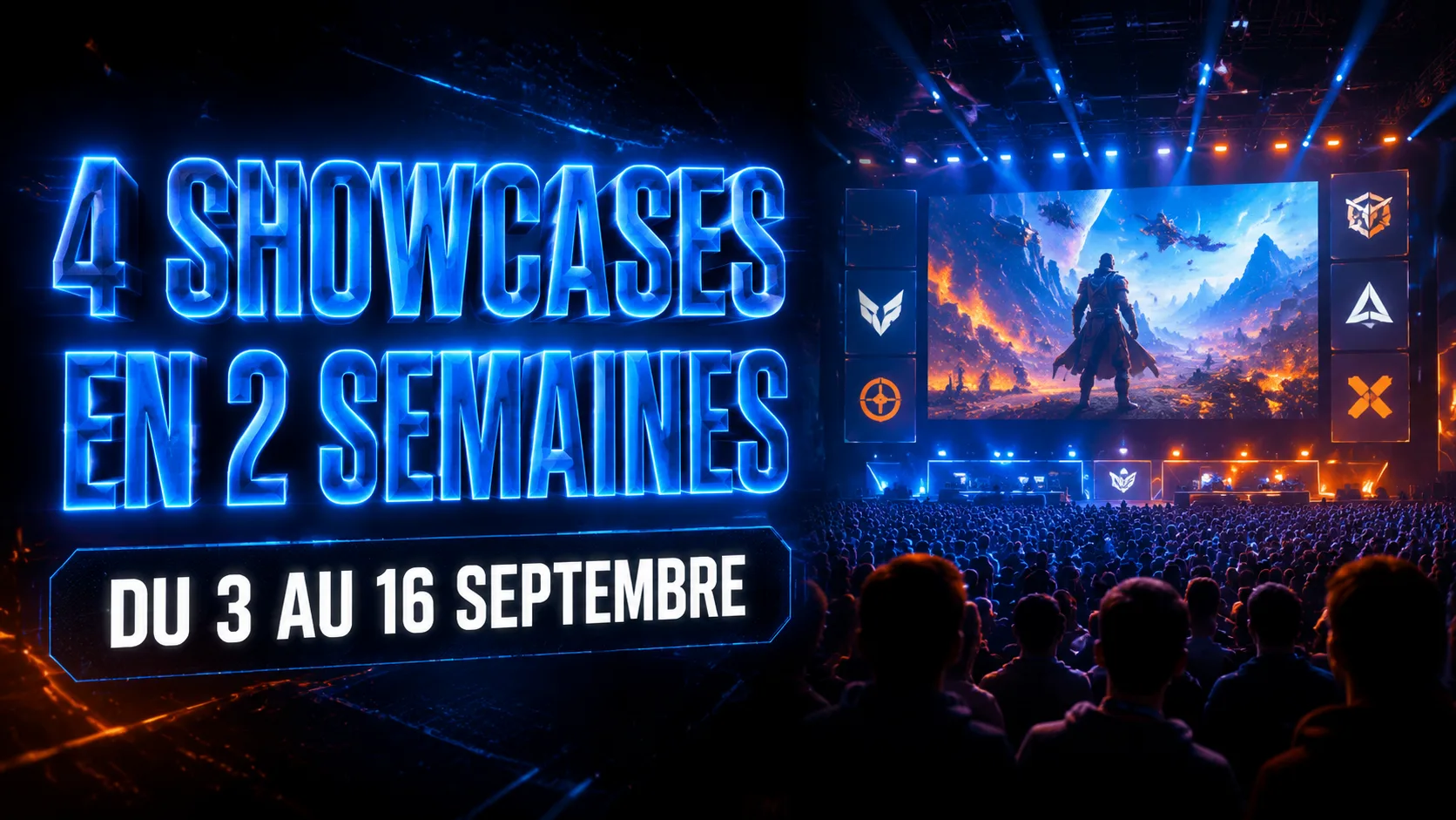 Une salle de conference de jeu video vue depuis le public, face a un ecran geant allume