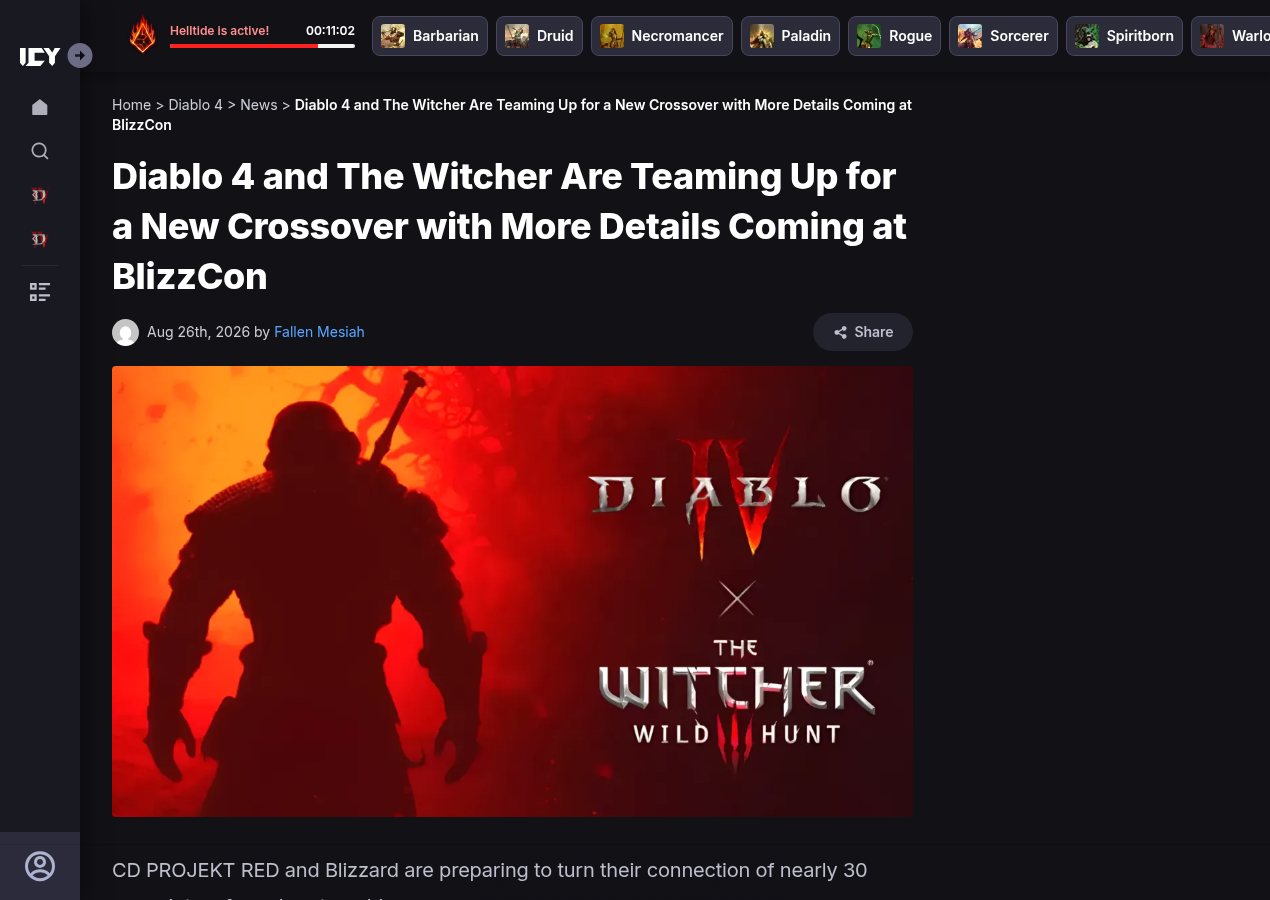 Article d'Icy Veins signe Fallen Mesiah, publie le 26 aout 2026, avec le visuel officiel ou une silhouette de sorceleur se decoupe sur fond rouge entre les logos Diablo IV et The Witcher 3 Wild Hunt