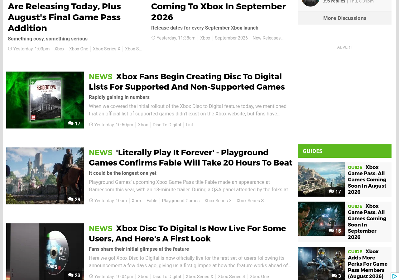 Page d'actualites de Pure Xbox affichant plusieurs titres consacres a la fonction disc-to-digital, avec leurs vignettes et leurs horodatages