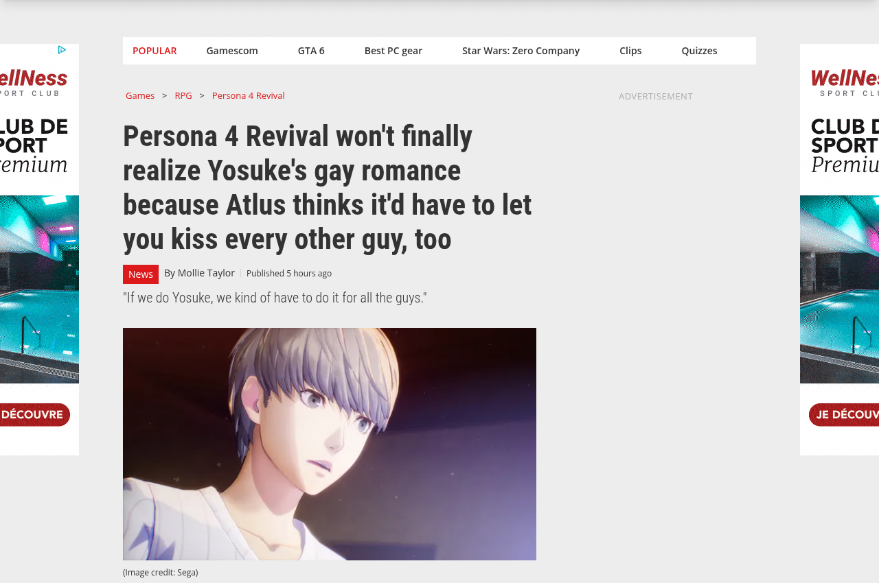 Article de PC Gamer titre sur le fait que Persona 4 Revival n'integrera pas la romance avec Yosuke, signe par Mollie Taylor, avec en illustration un personnage aux cheveux clairs sur fond sombre