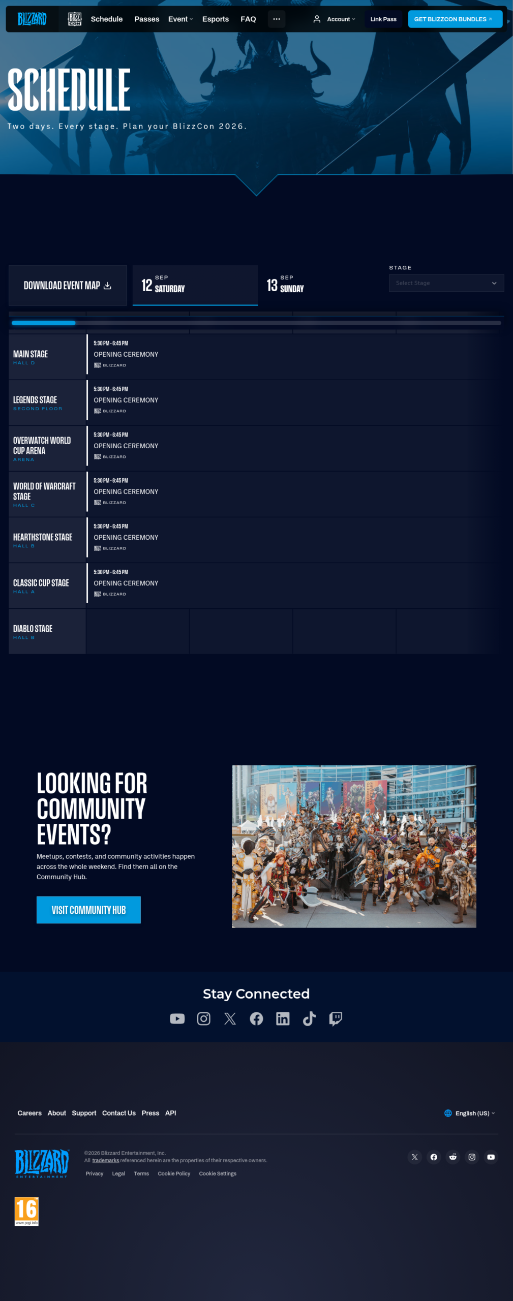 Page programme officielle de la BlizzCon 2026 avec les onglets samedi et dimanche, la liste des sept scenes et de leurs halls, et le creneau de la ceremonie d'ouverture