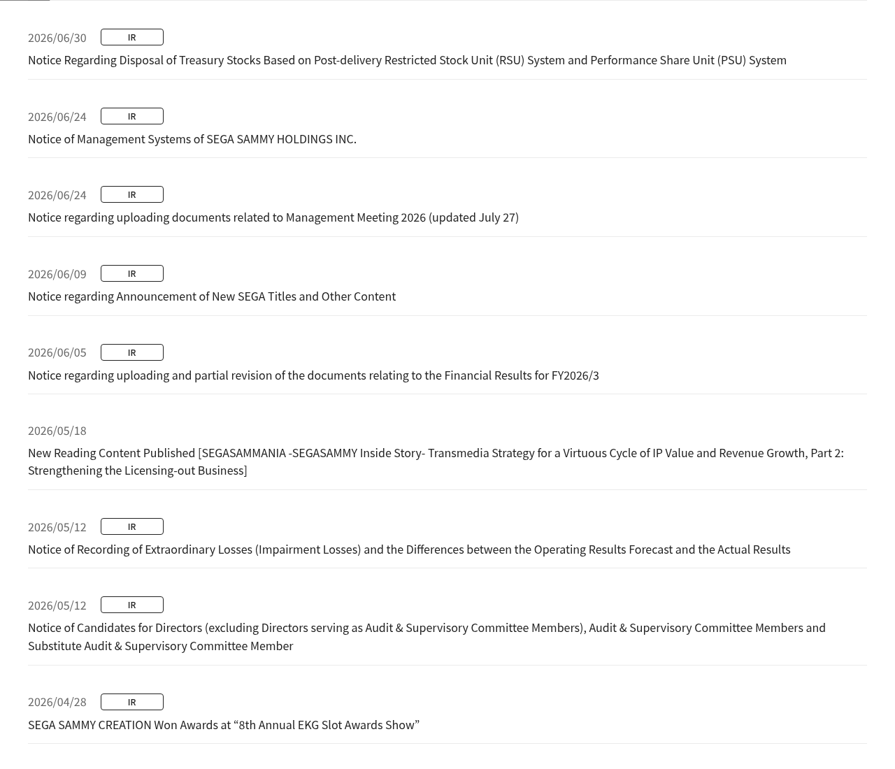 Liste des communiques financiers de SEGA SAMMY avec leurs dates et etiquettes IR, dont un document du 12 mai 2026 sur l'enregistrement de pertes exceptionnelles