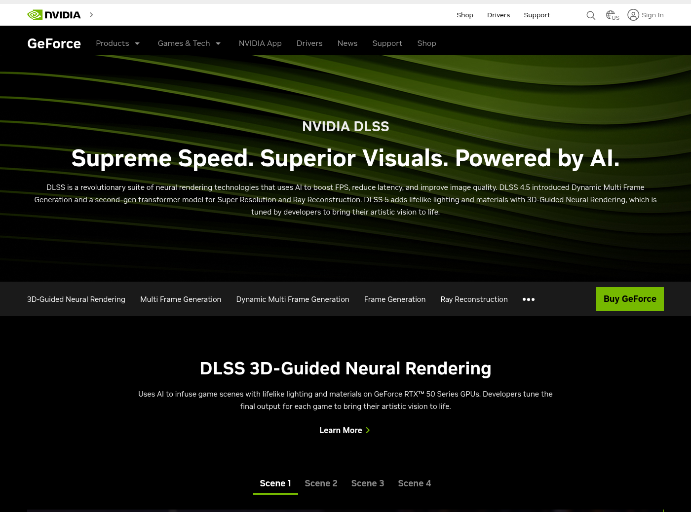 Page officielle NVIDIA consacree au DLSS, avec son titre sur la vitesse et les visuels et le paragraphe decrivant le 3D-Guided Neural Rendering