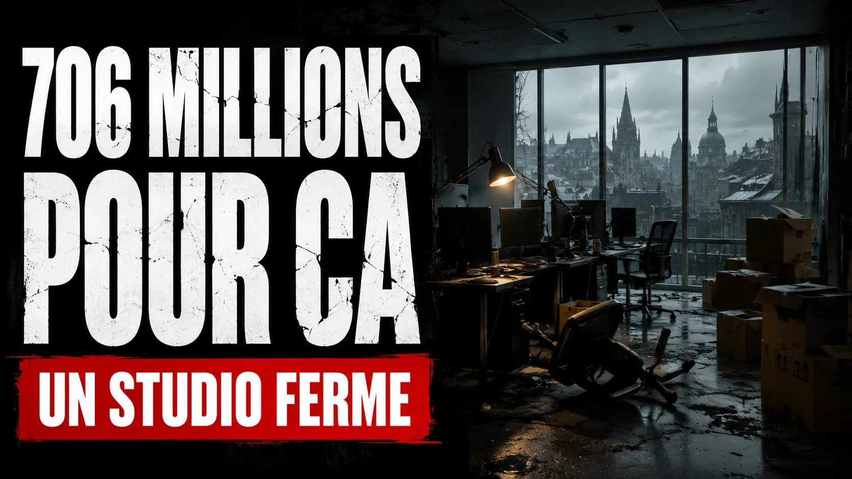 Un bureau de studio de jeu video vide et sombre, chaises renversees et cartons empiles devant une baie vitree sur une ville grise