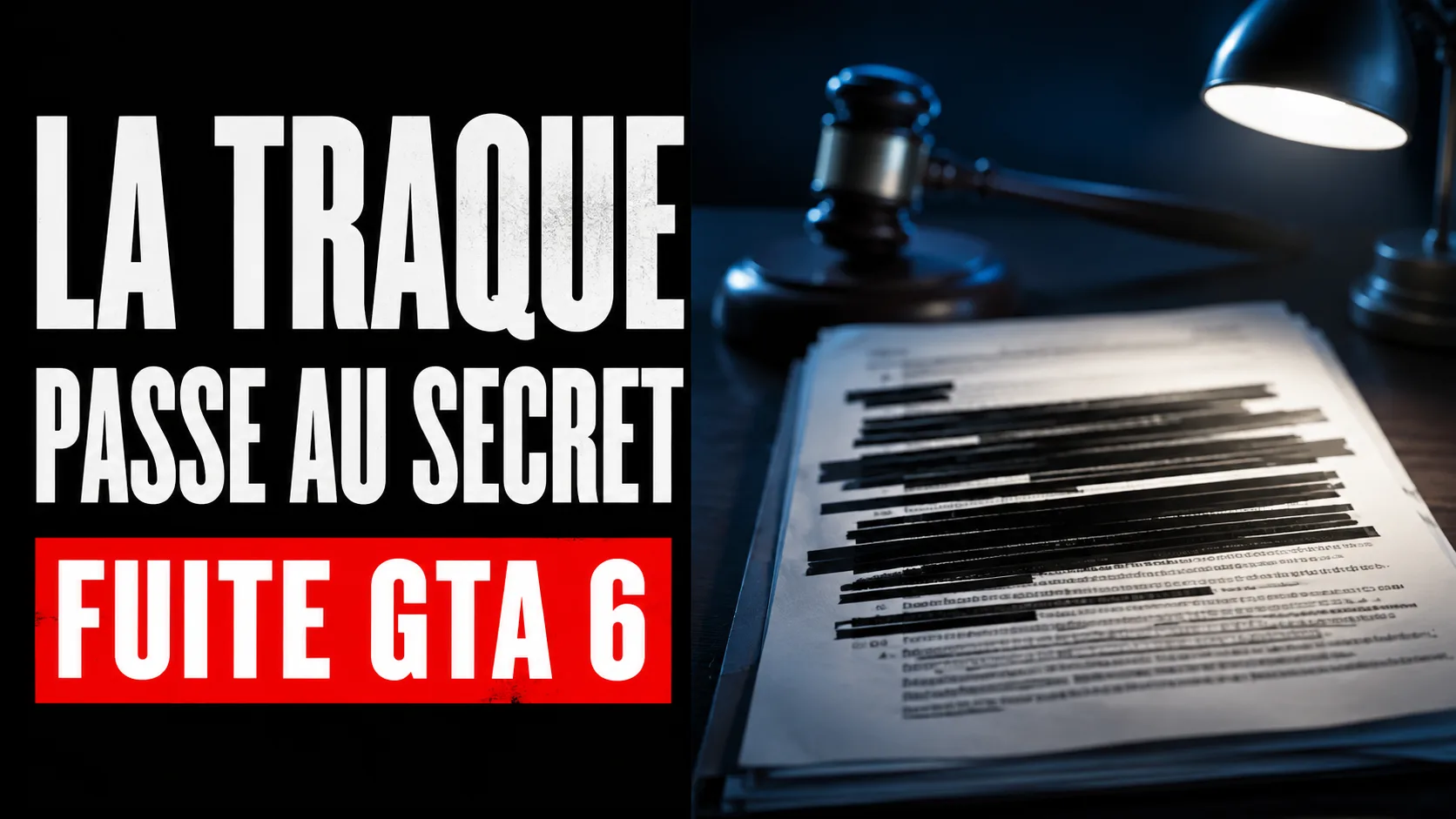Un document juridique pose sur un bureau sombre, plusieurs lignes barrees par une bande noire de censure