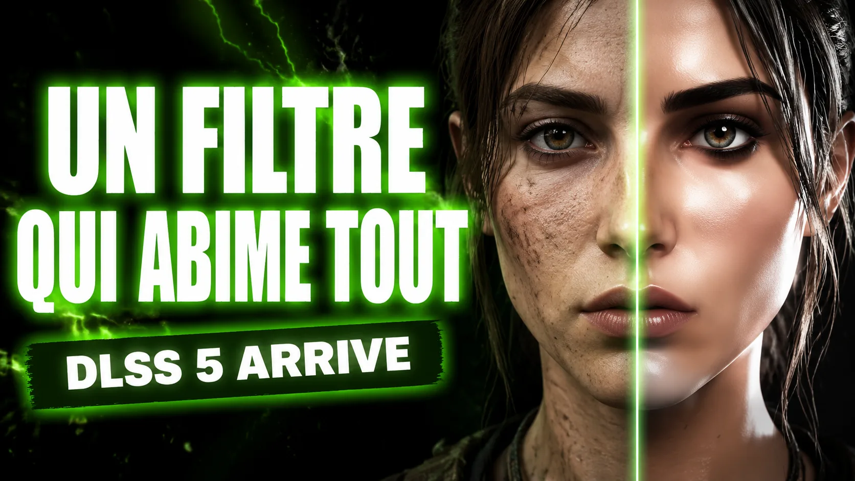 Un visage de personnage de jeu video coupe verticalement, moitie au rendu naturel et moitie au rendu lisse et sur-contraste