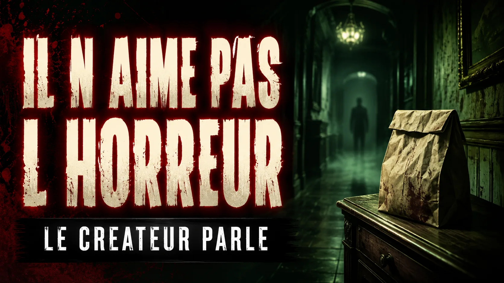Un couloir sombre et brumeux de manoir avec une silhouette floue au fond et un sac en papier pose au premier plan