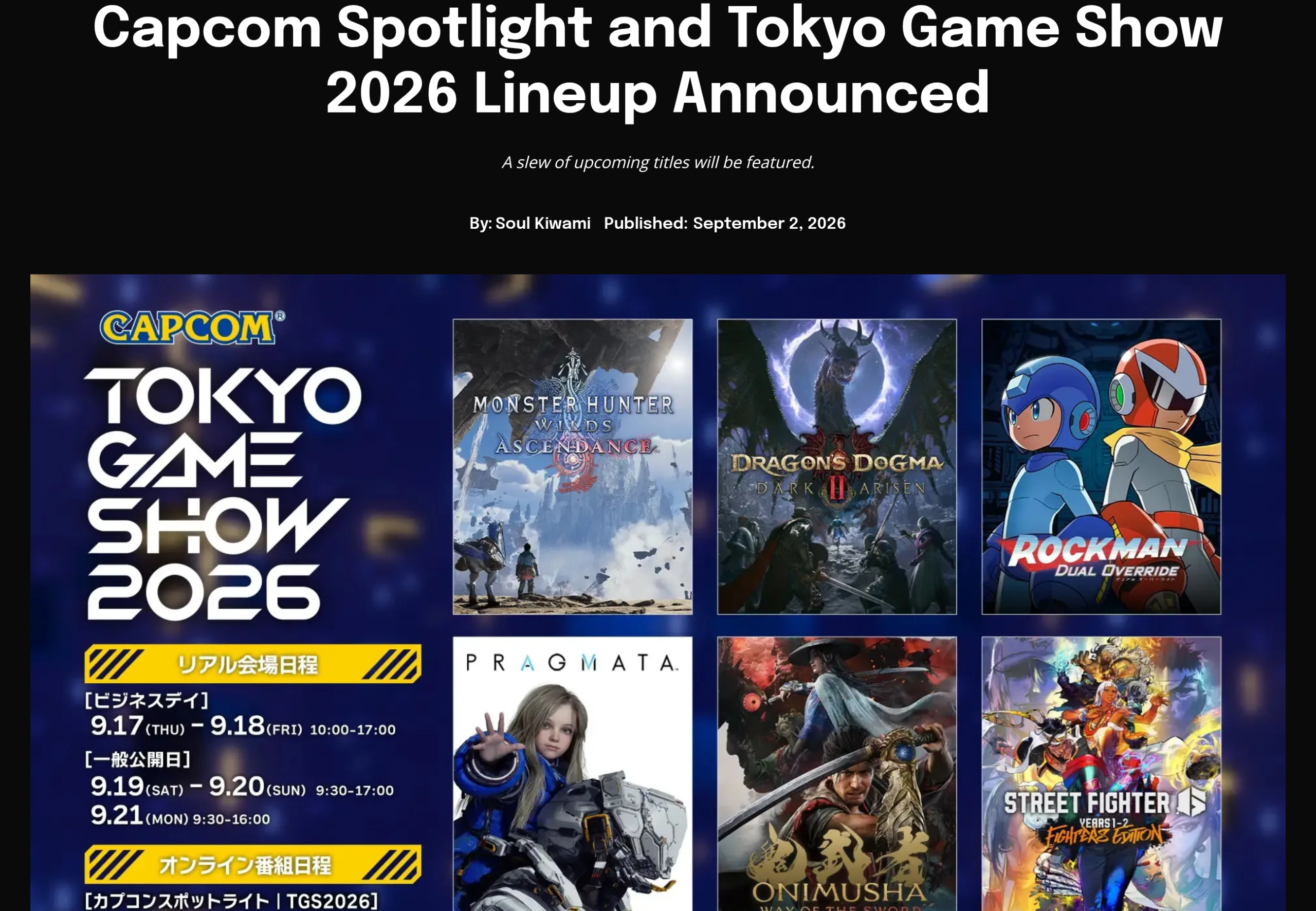 Article de Final Weapon présentant les six jeux Capcom exposés et le planning officiel du salon