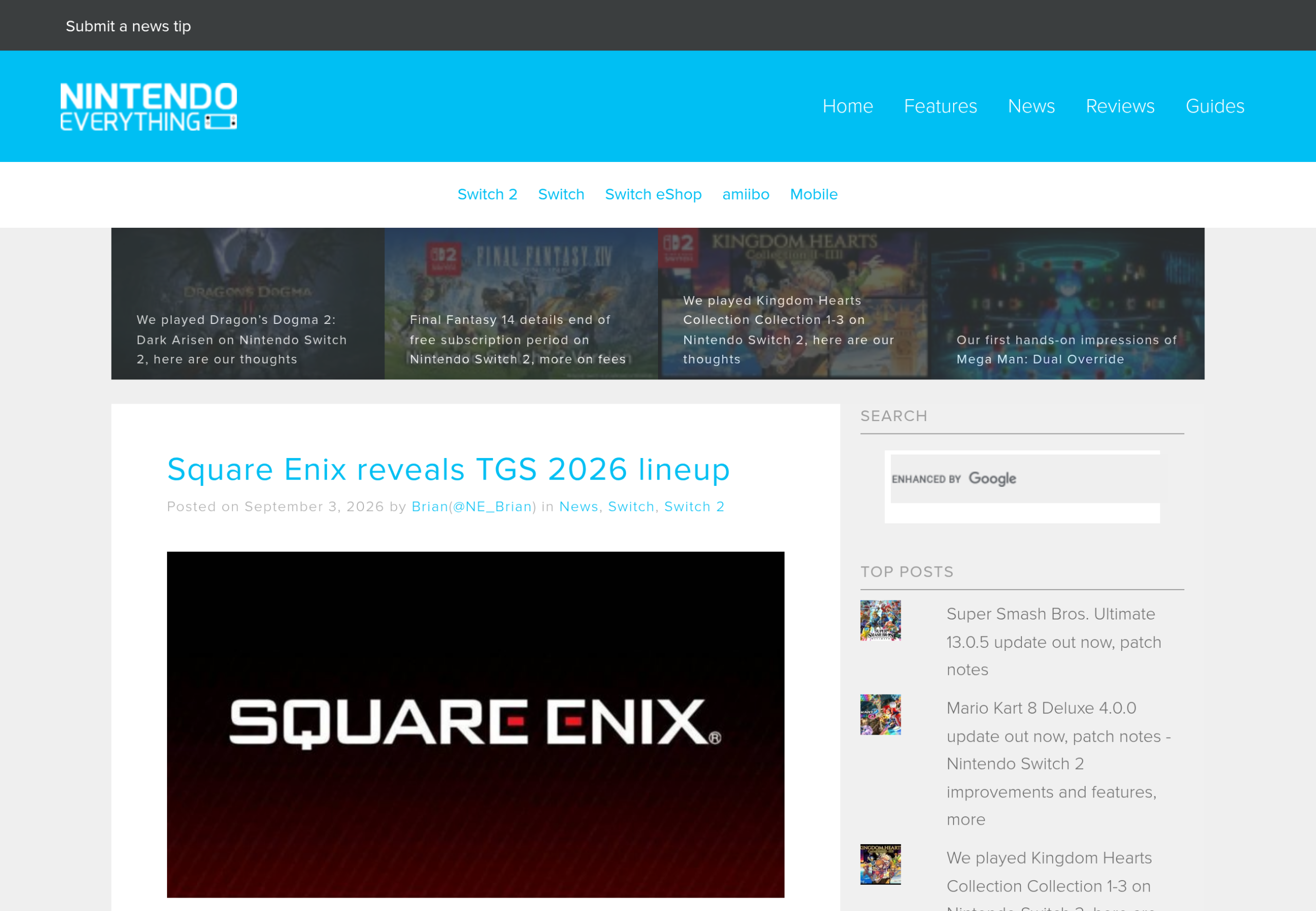 Article de Nintendo Everything annonçant la sélection Square Enix présentée au salon
