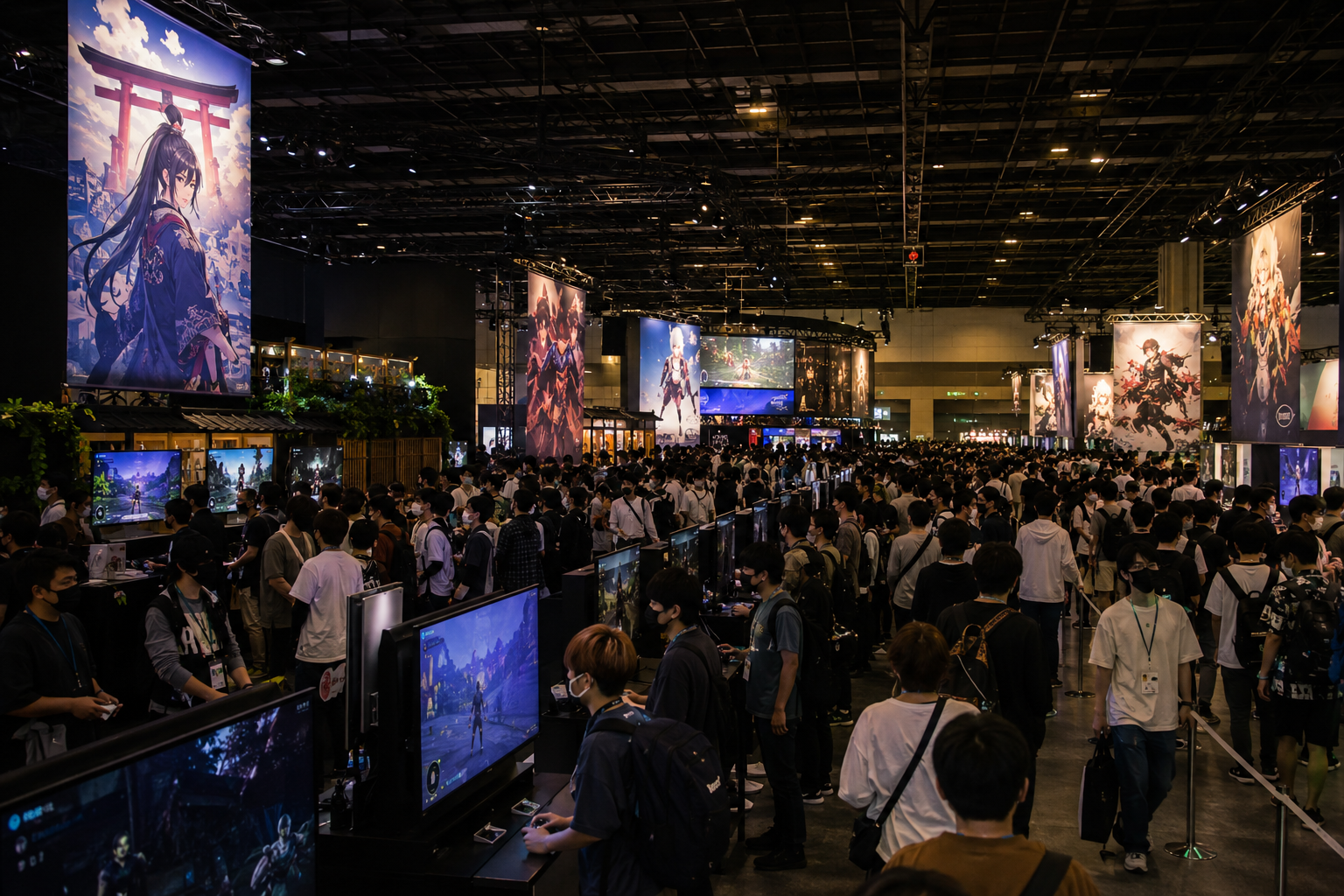Crowded aisle at a Japanese video game show, visitors lined up at playable game kiosks