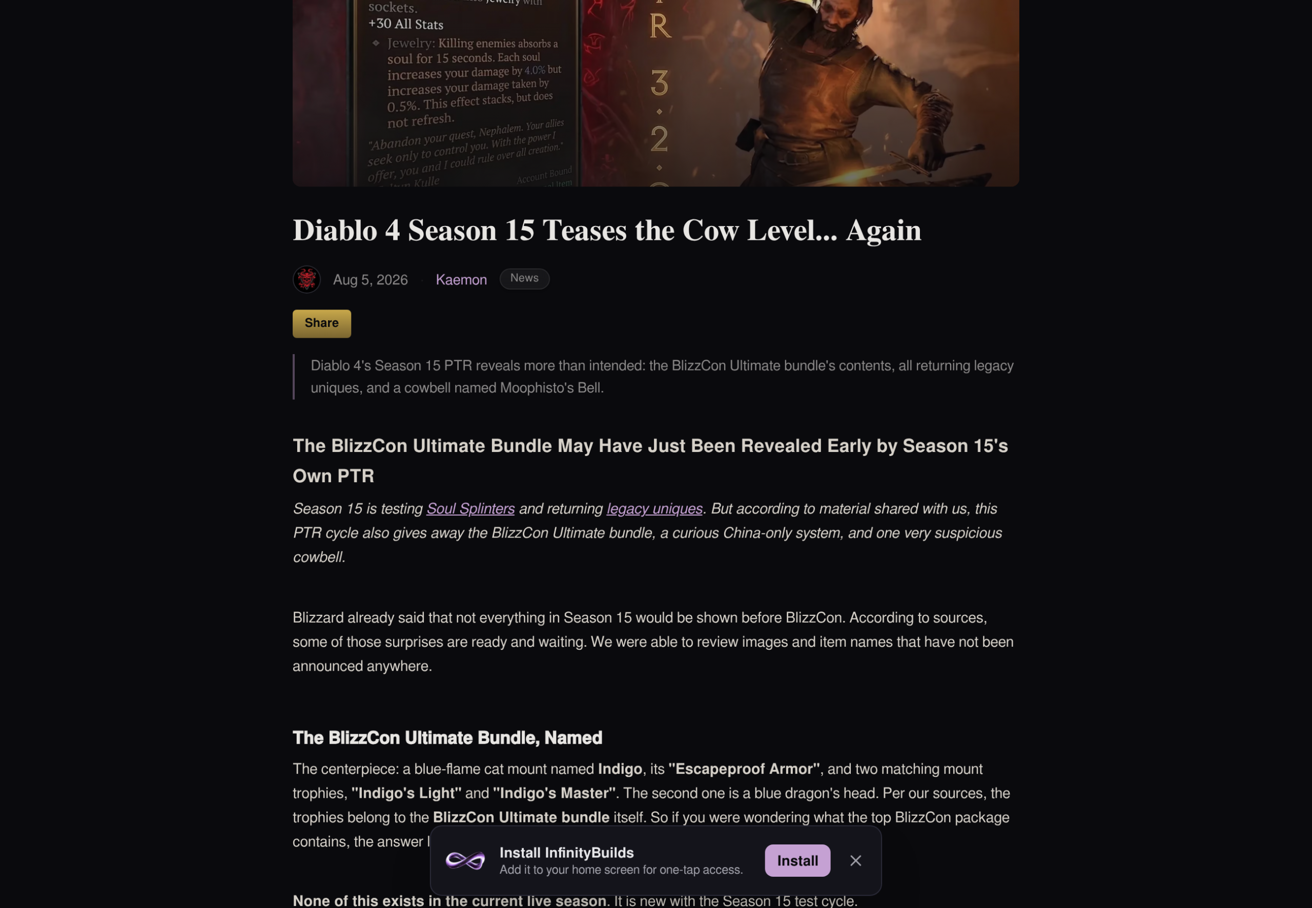Article d'InfinityBuilds révélant que le serveur de test de la Saison 15 a exposé la cloche de Moophisto