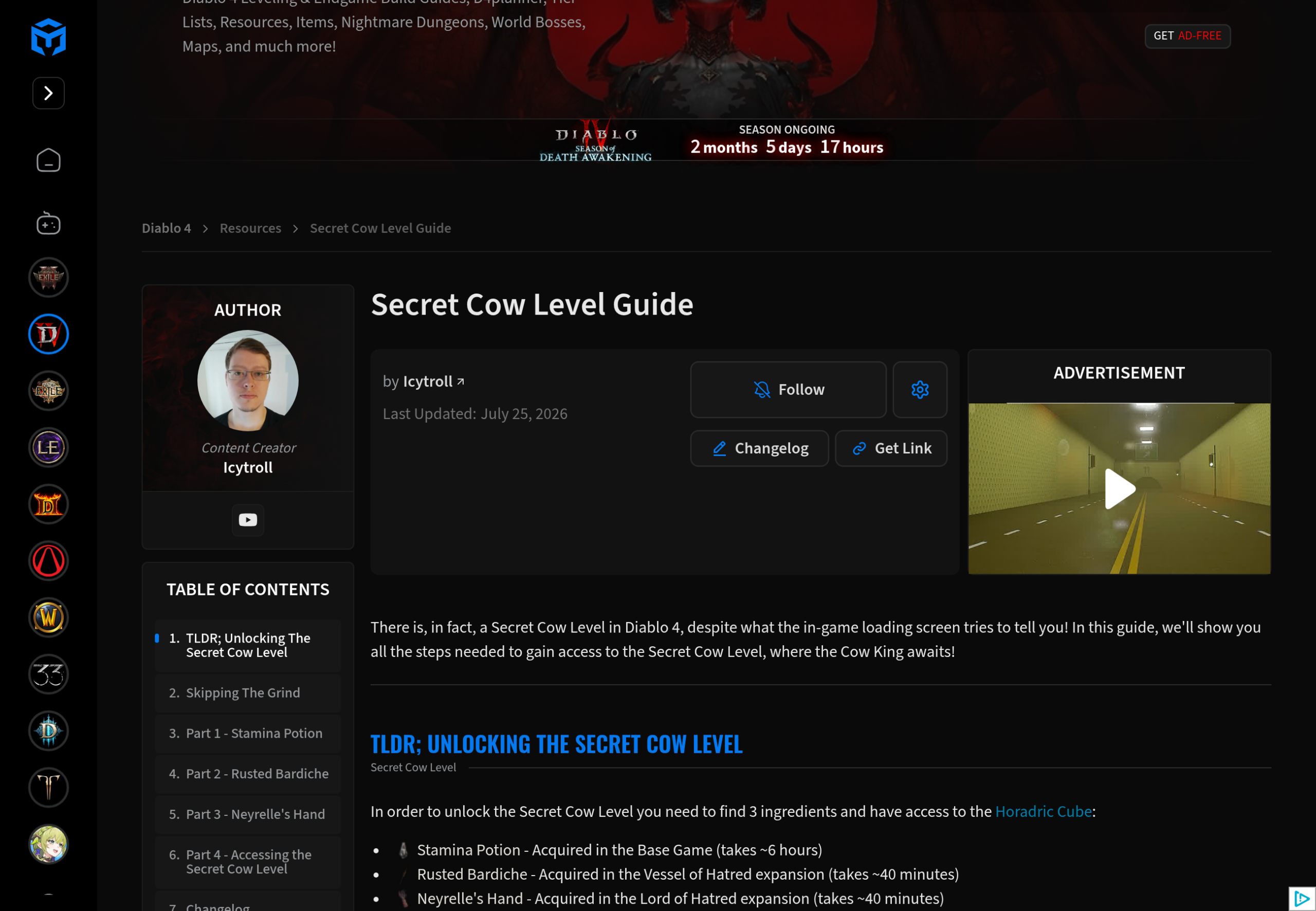 Guide Maxroll détaillant les trois ingrédients nécessaires pour ouvrir le niveau secret des vaches
