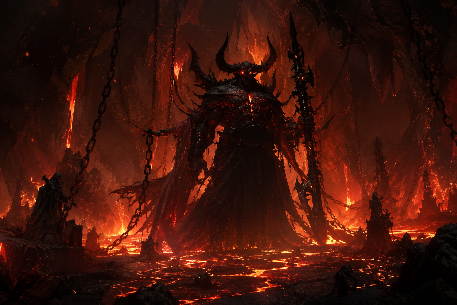 Illustration of a horned demonic silhouette in a molten cavern. No official artwork of Moophisto has been released to date.