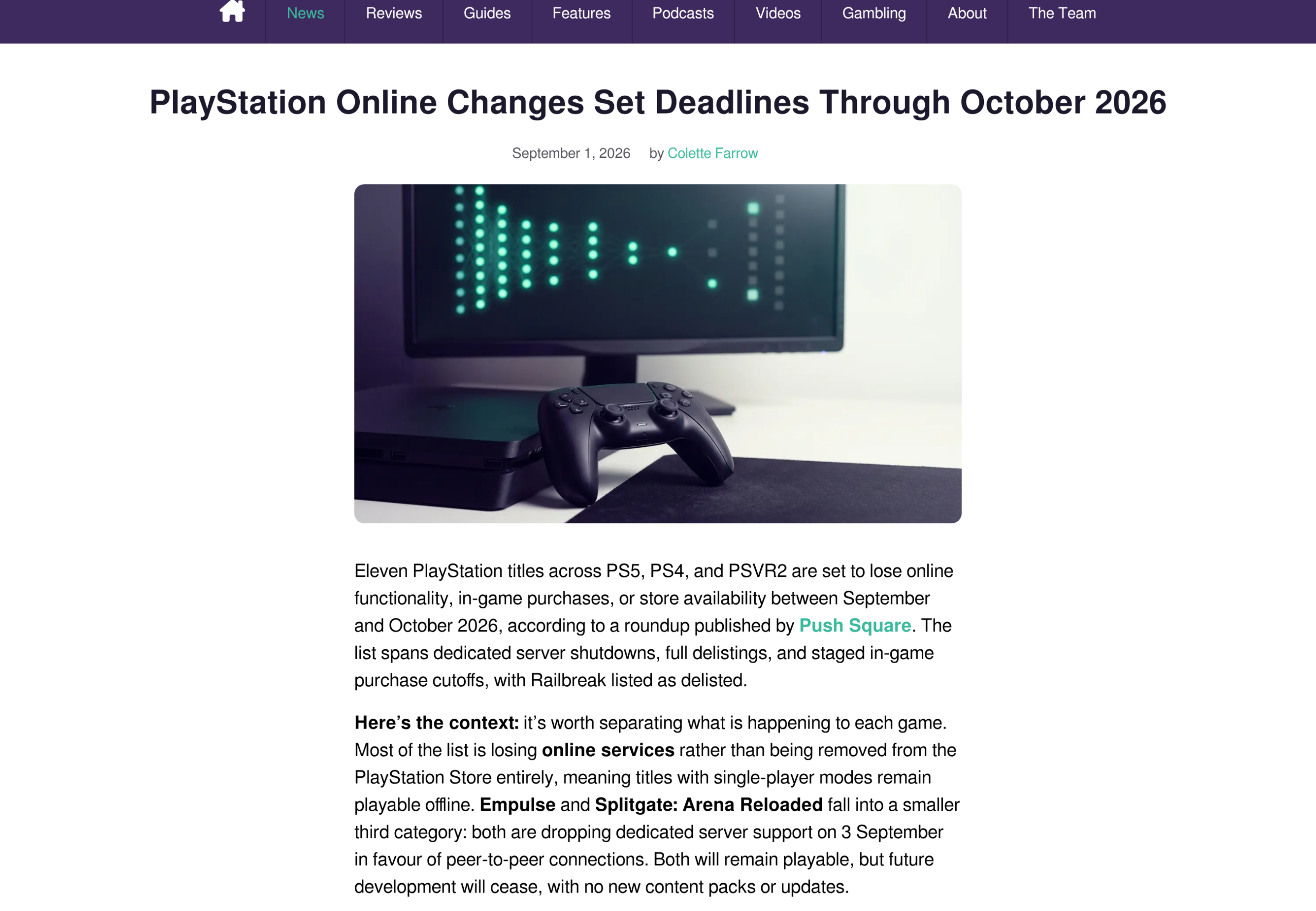 Article de GameLuster recensant les onze jeux PlayStation qui perdent leurs services en ligne d'ici octobre