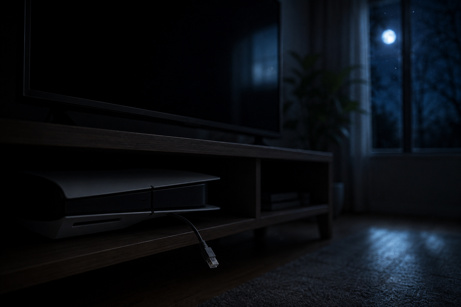 Living room console switched off in front of a black TV, network cable unplugged in the foreground