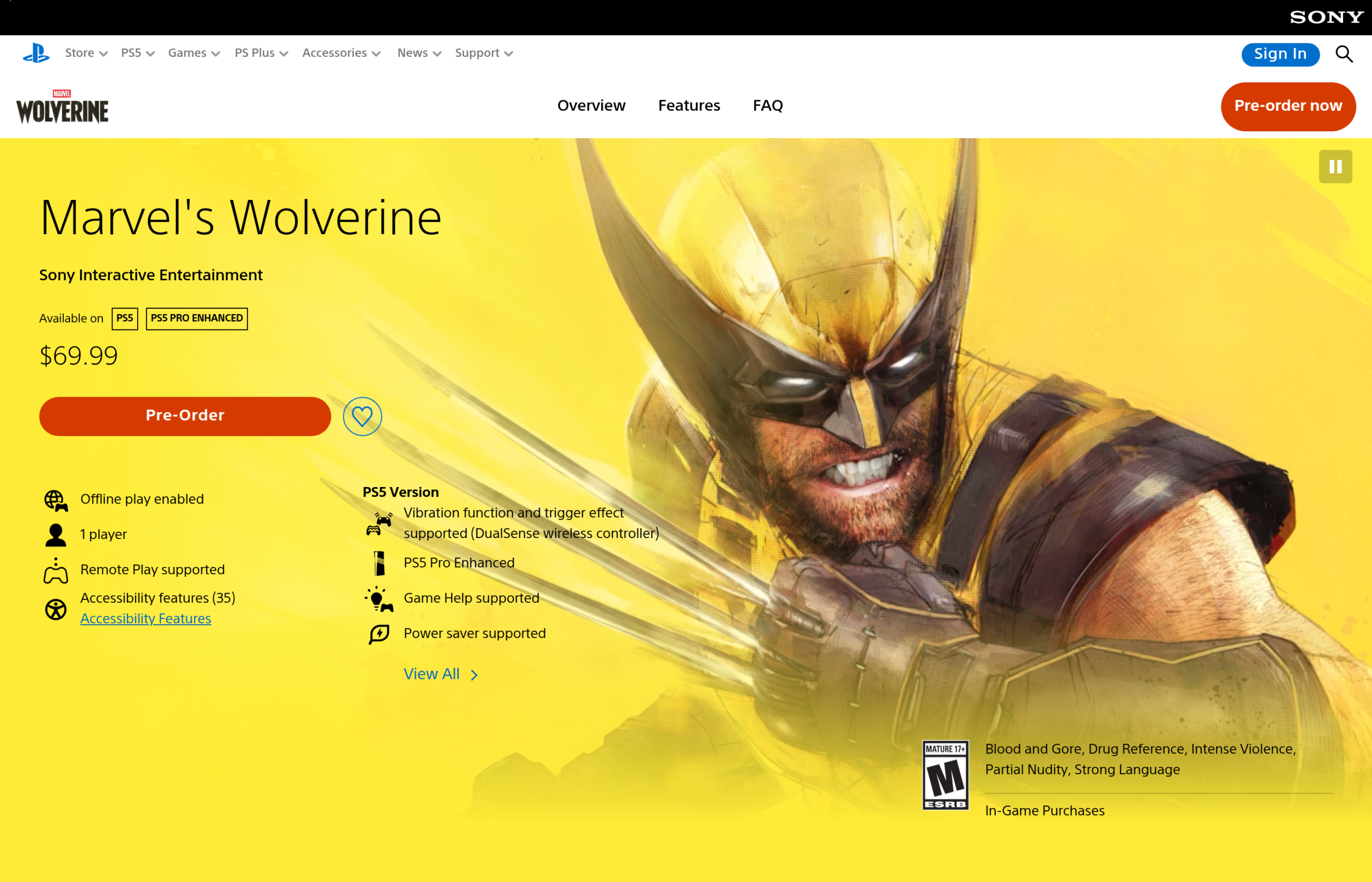 Fiche officielle PlayStation de Marvel's Wolverine affichant la plateforme, le prix et la classification ESRB