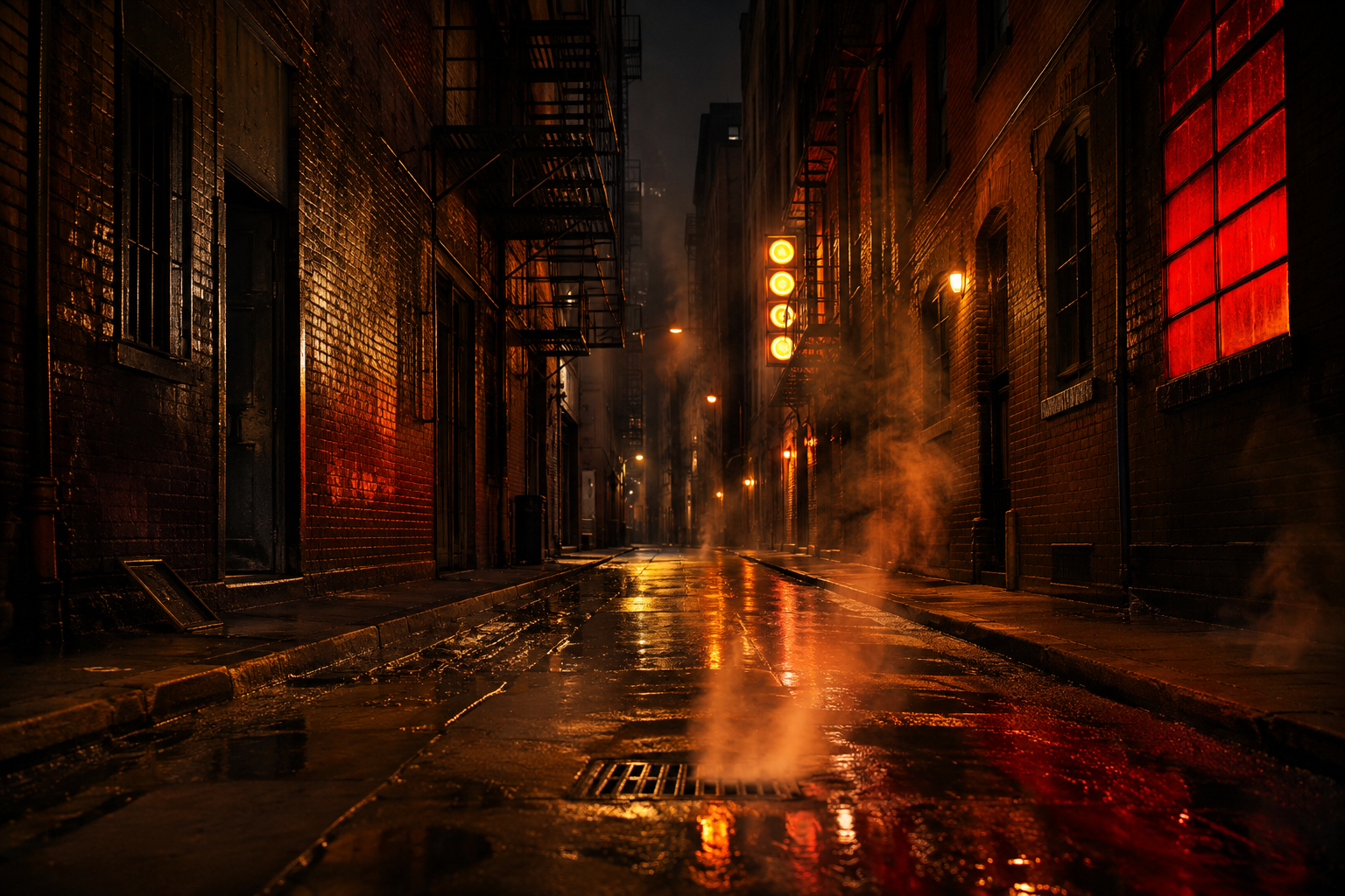 Illustration: rainy night alley, amber neon reflections on wet asphalt