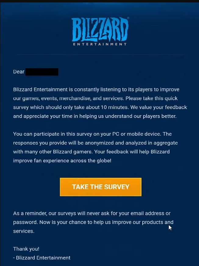 E-mail d'invitation de Blizzard Entertainment annonçant un sondage d'environ dix minutes