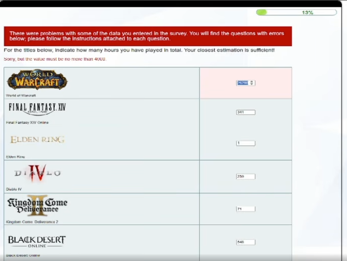 Question du sondage sur le temps de jeu total, avec une erreur indiquant que la valeur ne doit pas dépasser 4000