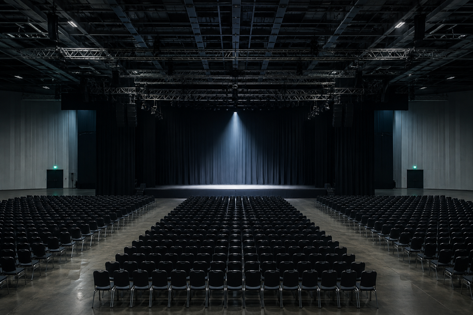 Empty convention hall plunged into darkness, a spotlight lighting the stage before opening