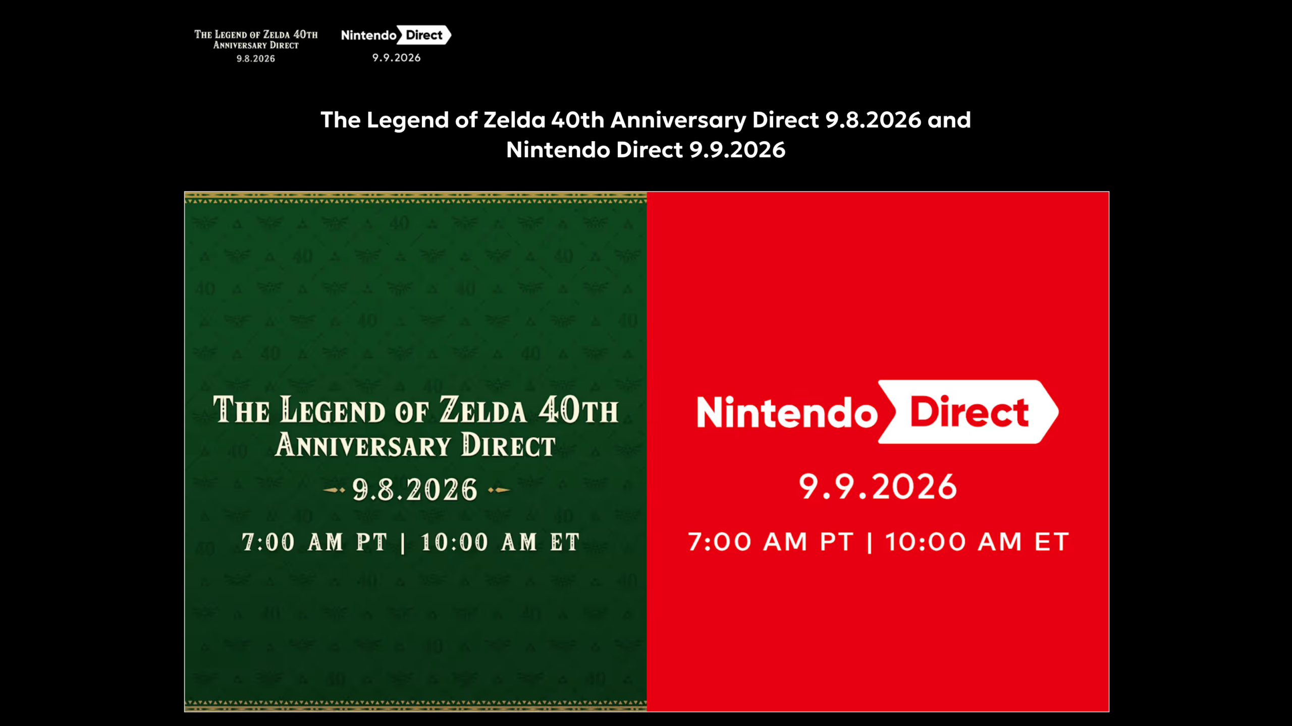 Page officielle de Nintendo présentant côte à côte les deux cartons d'annonce, l'un vert daté du 8 septembre pour Zelda, l'autre rouge daté du 9 septembre pour le Nintendo Direct