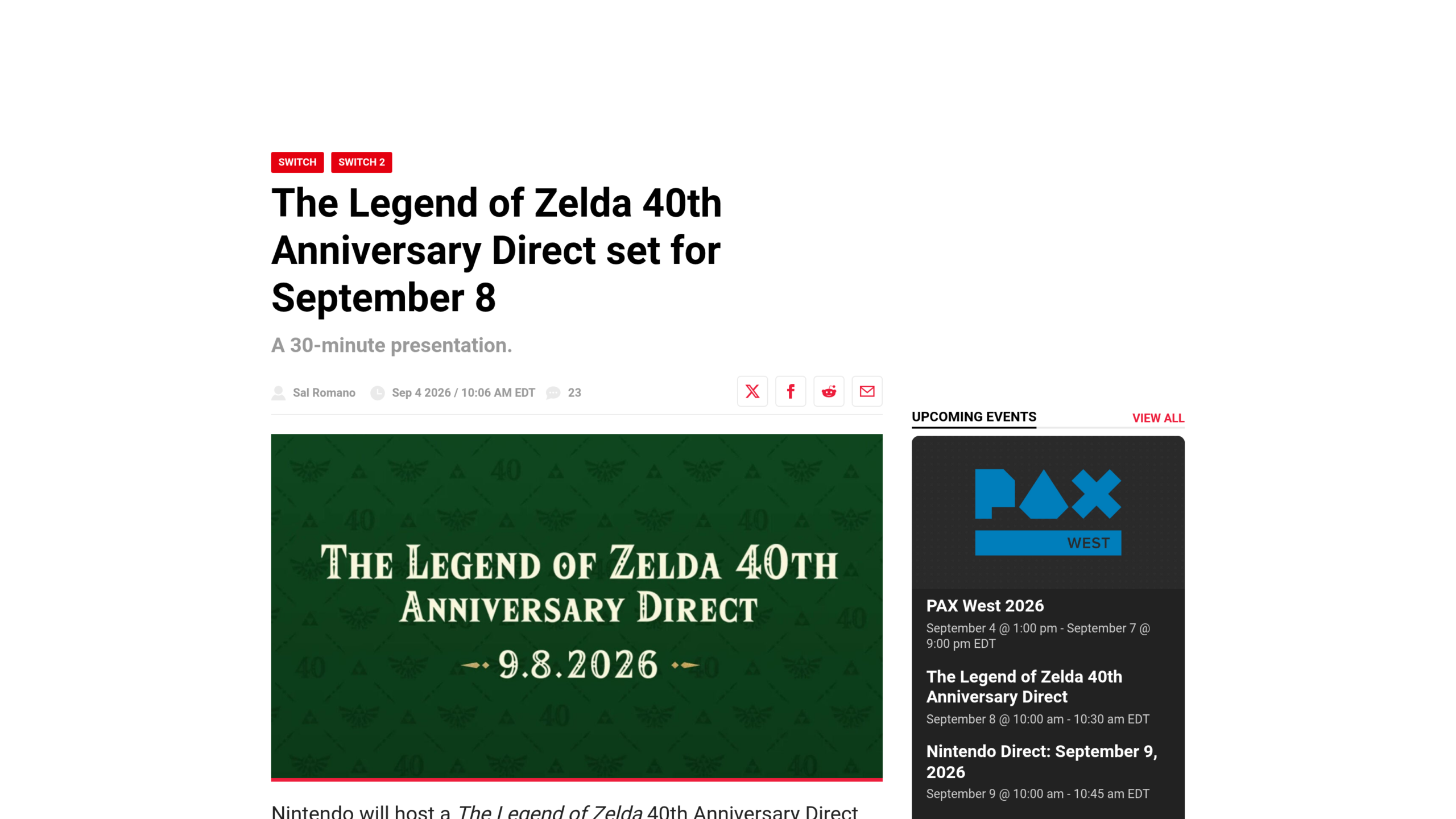 Article de Gematsu signé Sal Romano annonçant le Direct du 8 septembre, avec le sous-titre A 30-minute presentation