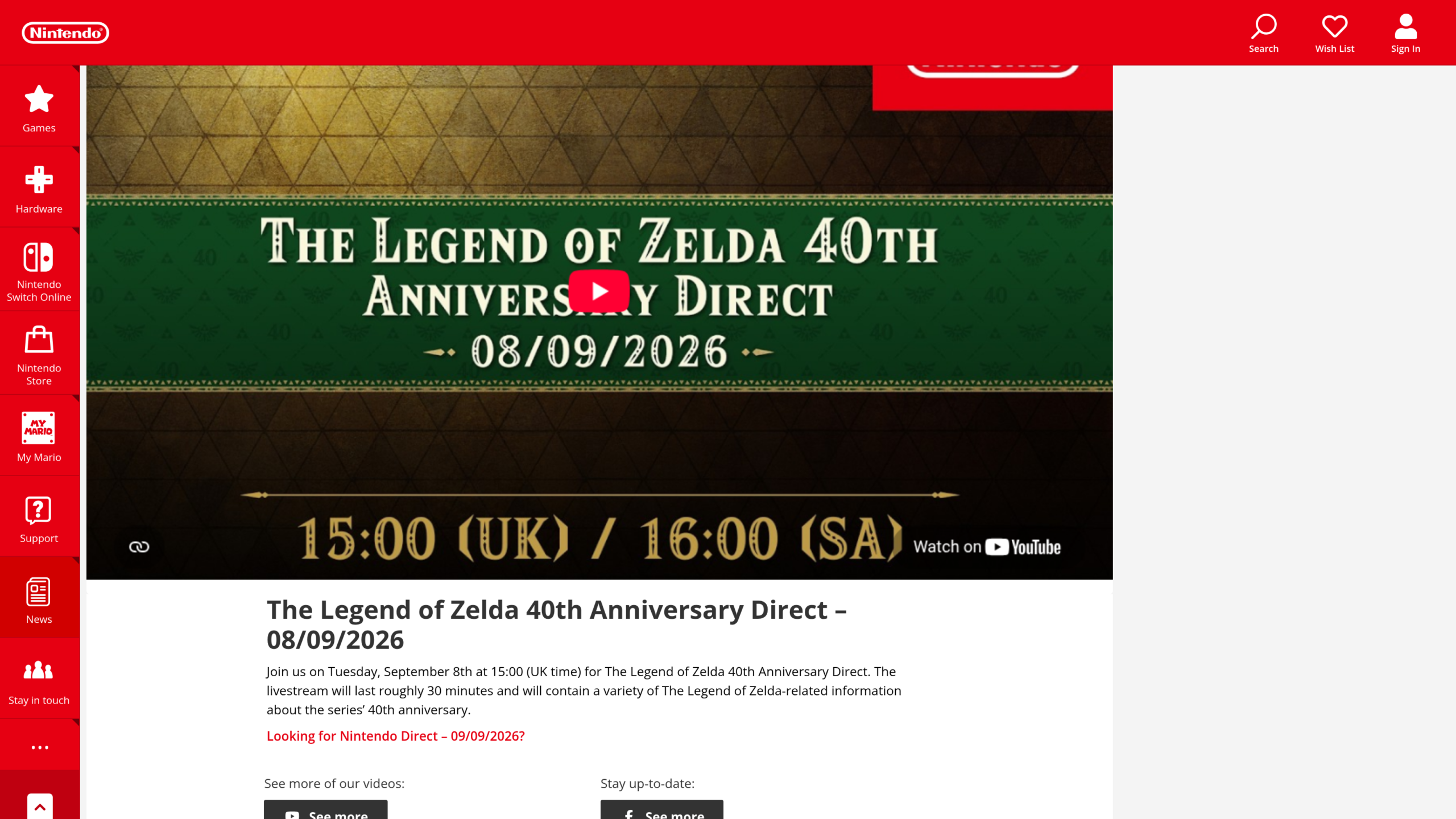Page Nintendo UK affichant l'horaire 15h00 heure britannique et, sous la vidéo, le texte officiel mentionnant une diffusion d'environ 30 minutes