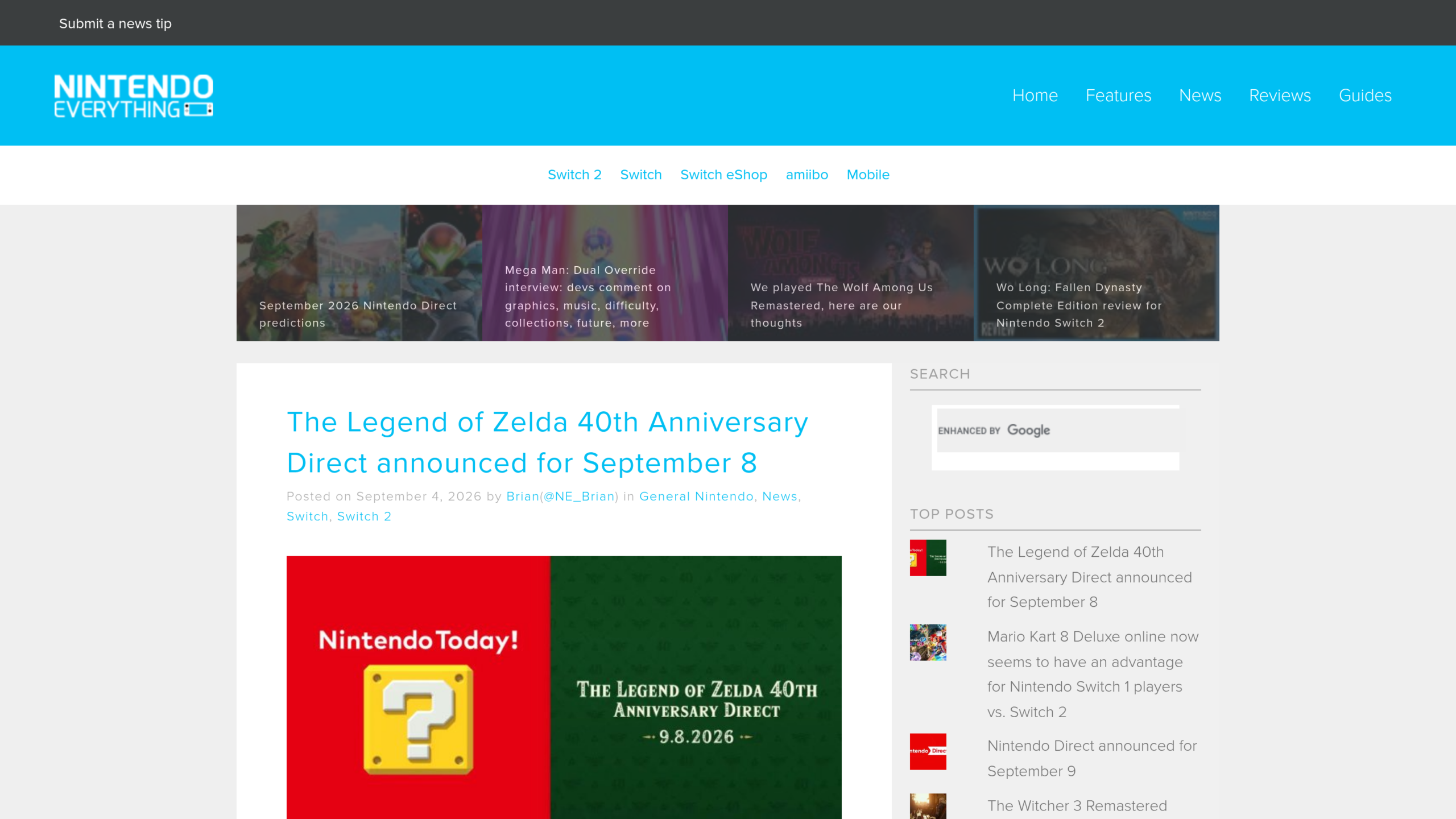 Article de Nintendo Everything signé Brian présentant l'annonce du Direct relayée via l'application Nintendo Today!
