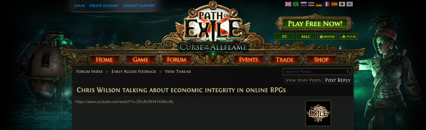 Le fil du forum officiel de Path of Exile consacré à Chris Wilson et à l'intégrité économique
