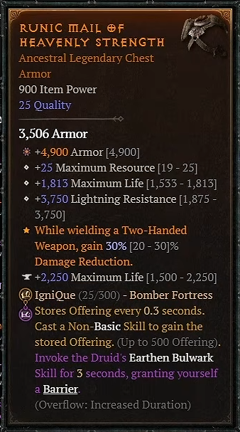 Tooltip of an ancestral chest piece showing 3,750 Lightning Resistance on the Season 15 PTR