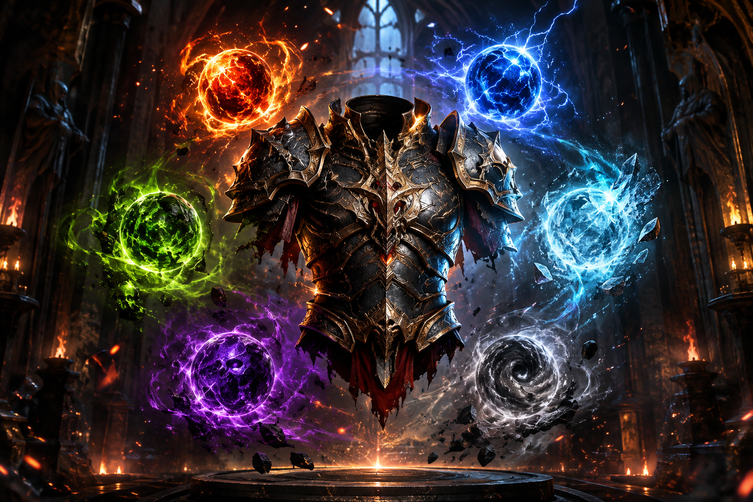 Un plastron d'armure gothique entouré de six orbes lumineux, les six résistances Diablo 4 : feu, foudre, froid, poison, ténèbres et physique