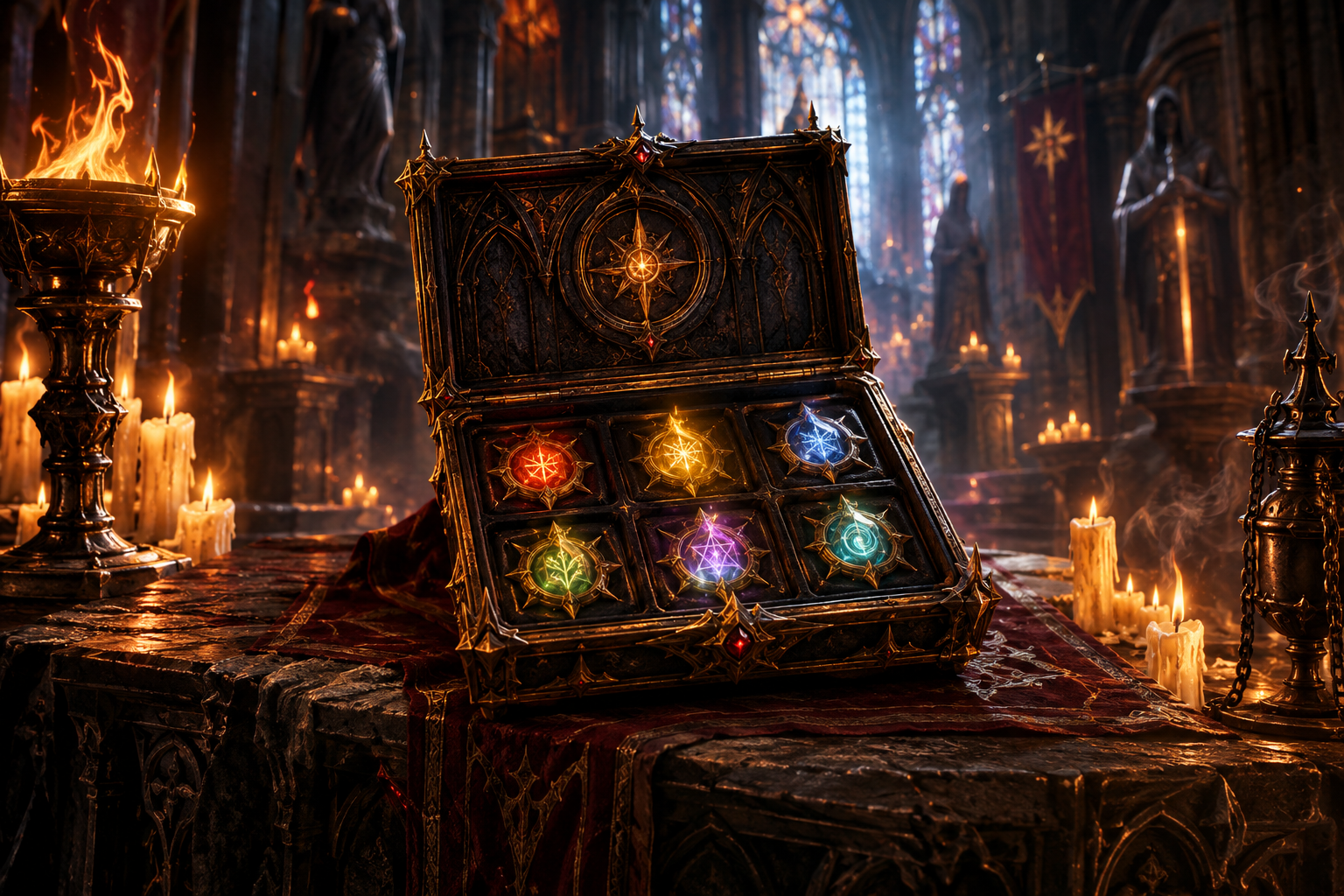 A Horadric Jewelry piece resting on a stone altar, six glowing charm gems aligned in a grid, golden light in a gothic cathedral setting.