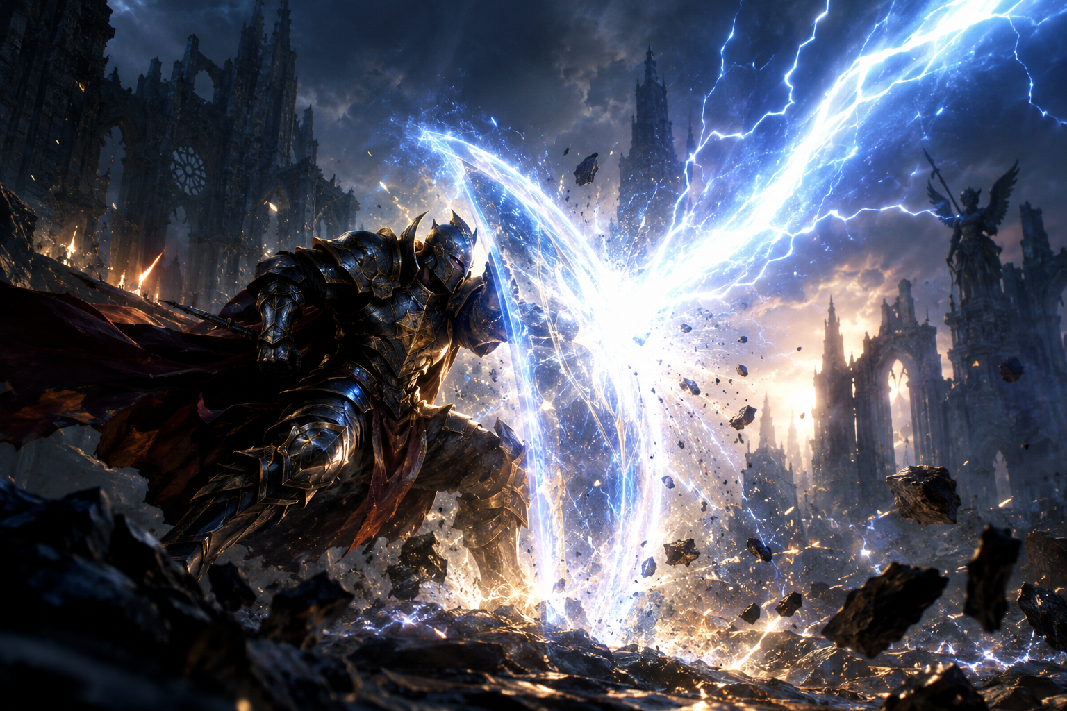 A hero in armor braced behind a translucent glowing barrier absorbing a massive lightning bolt, amid gothic ruins shaken by the shockwave.
