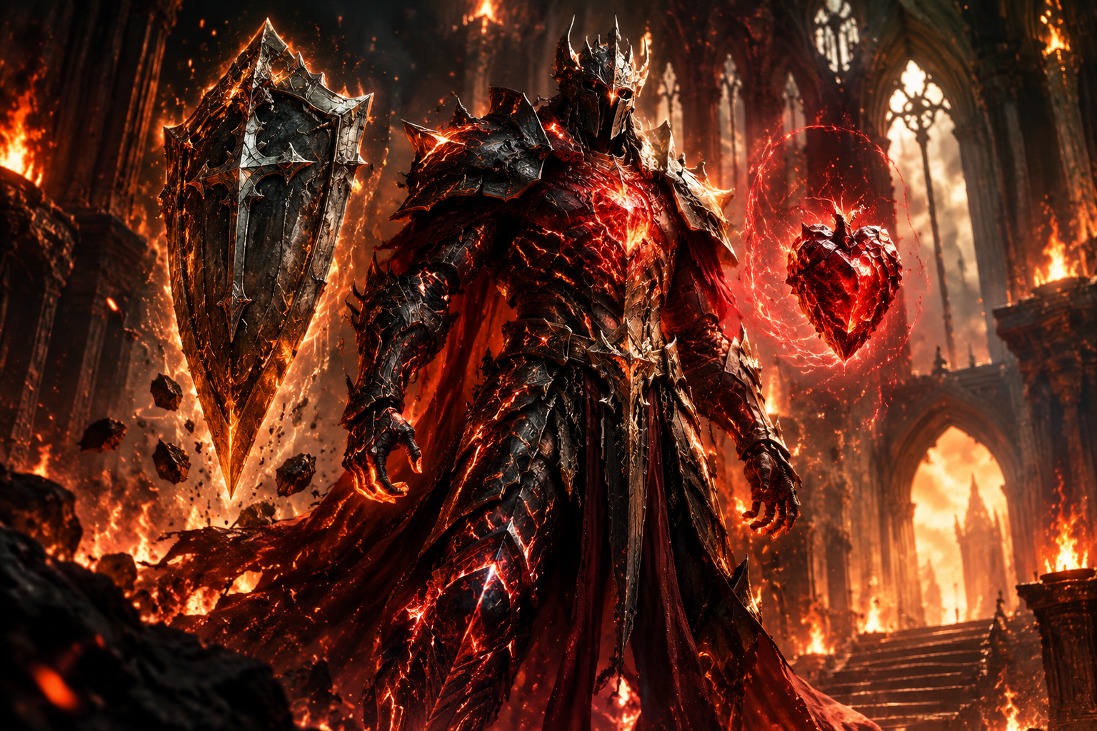 Heavily armored warrior in a cathedral engulfed in flames, glowing armor plates, a steel shield floating at his side