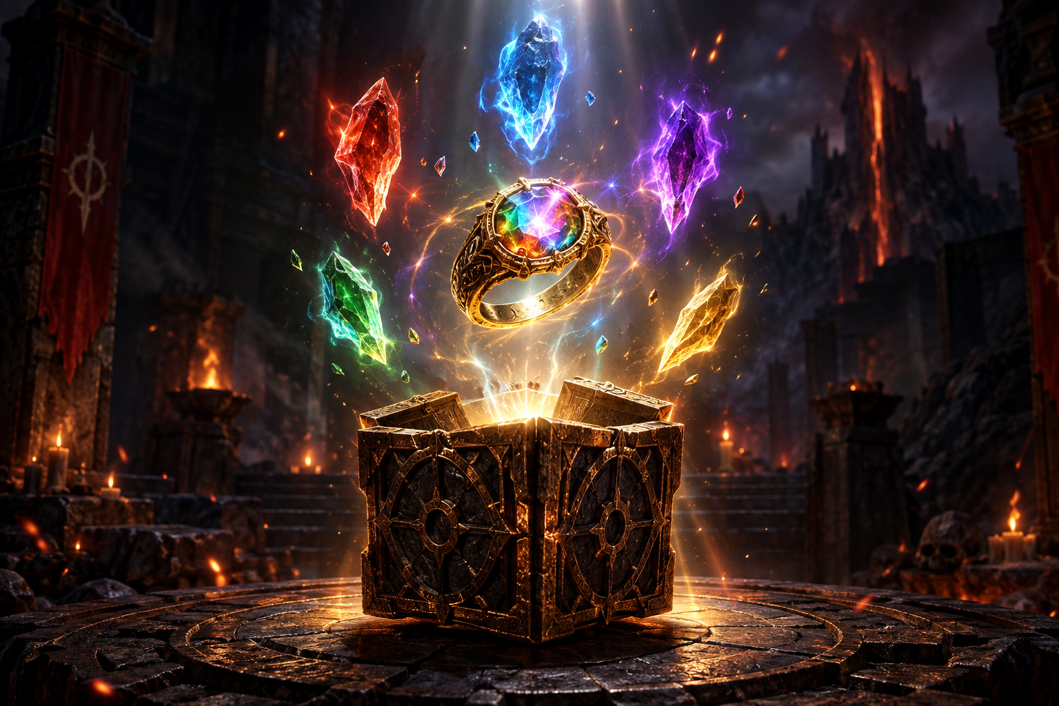 Éclats d'âme lumineux flottant au-dessus d'un cube horadrique ouvert, anneau doré ancien serti d'une gemme multicolore posé sur un autel de pierre sombre, lumière volumétrique