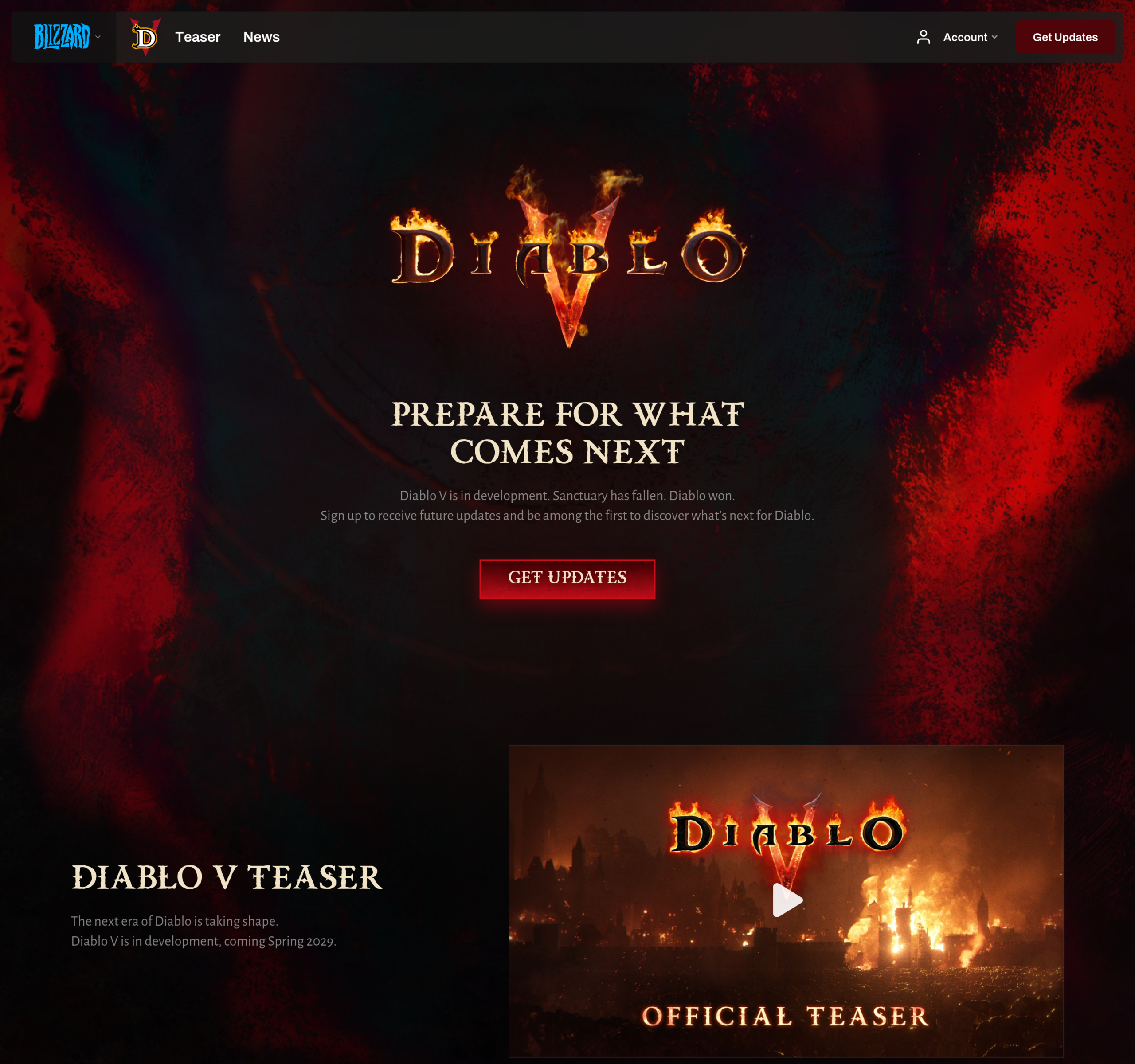 Page d'accueil du site officiel de Diablo V avec le logo et la mention Sanctuary has fallen, Diablo won, sur fond de ville en flammes