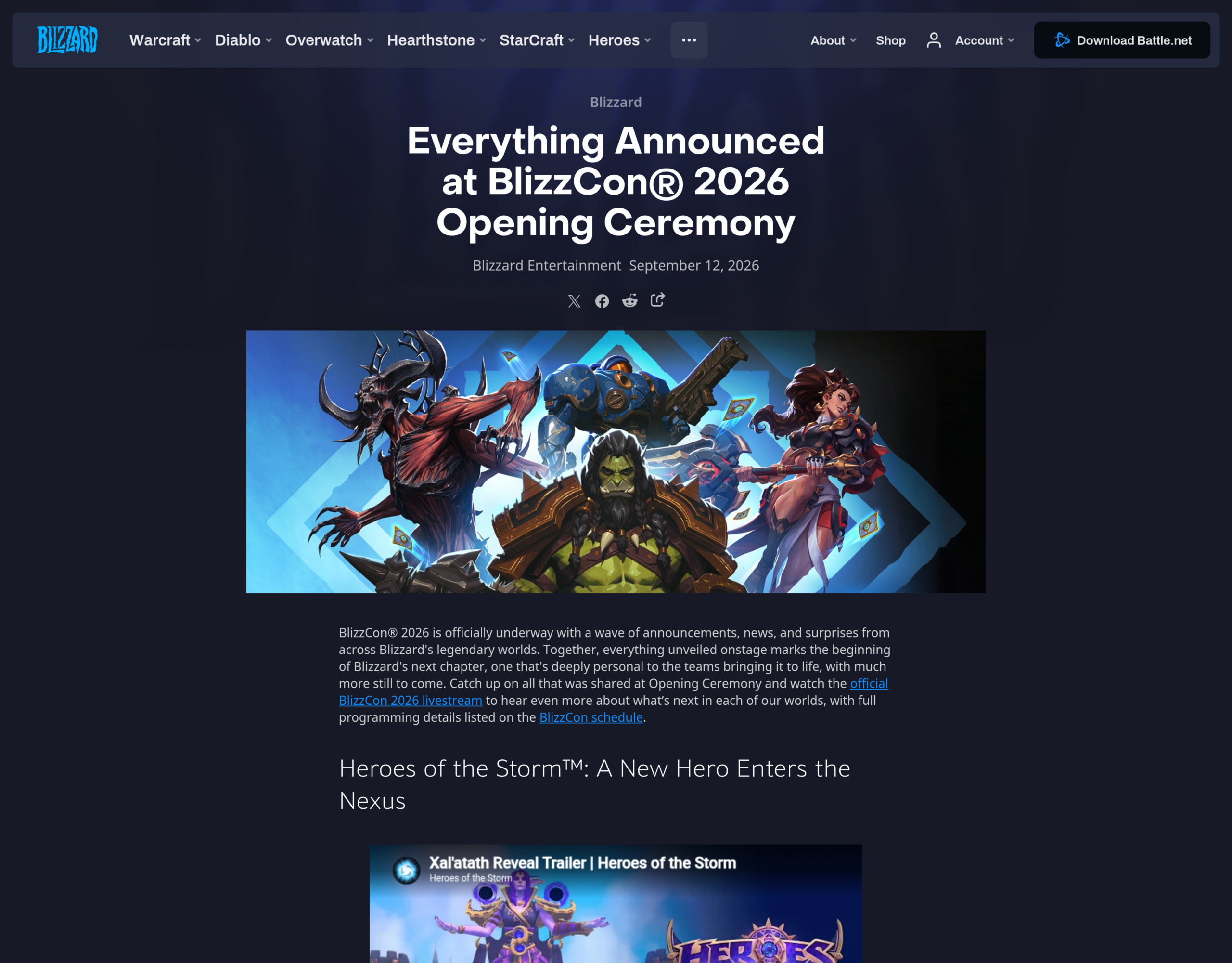 Page du récapitulatif officiel Blizzard des annonces de la cérémonie d'ouverture, avec le visuel des franchises Diablo, StarCraft, Warcraft et Hearthstone