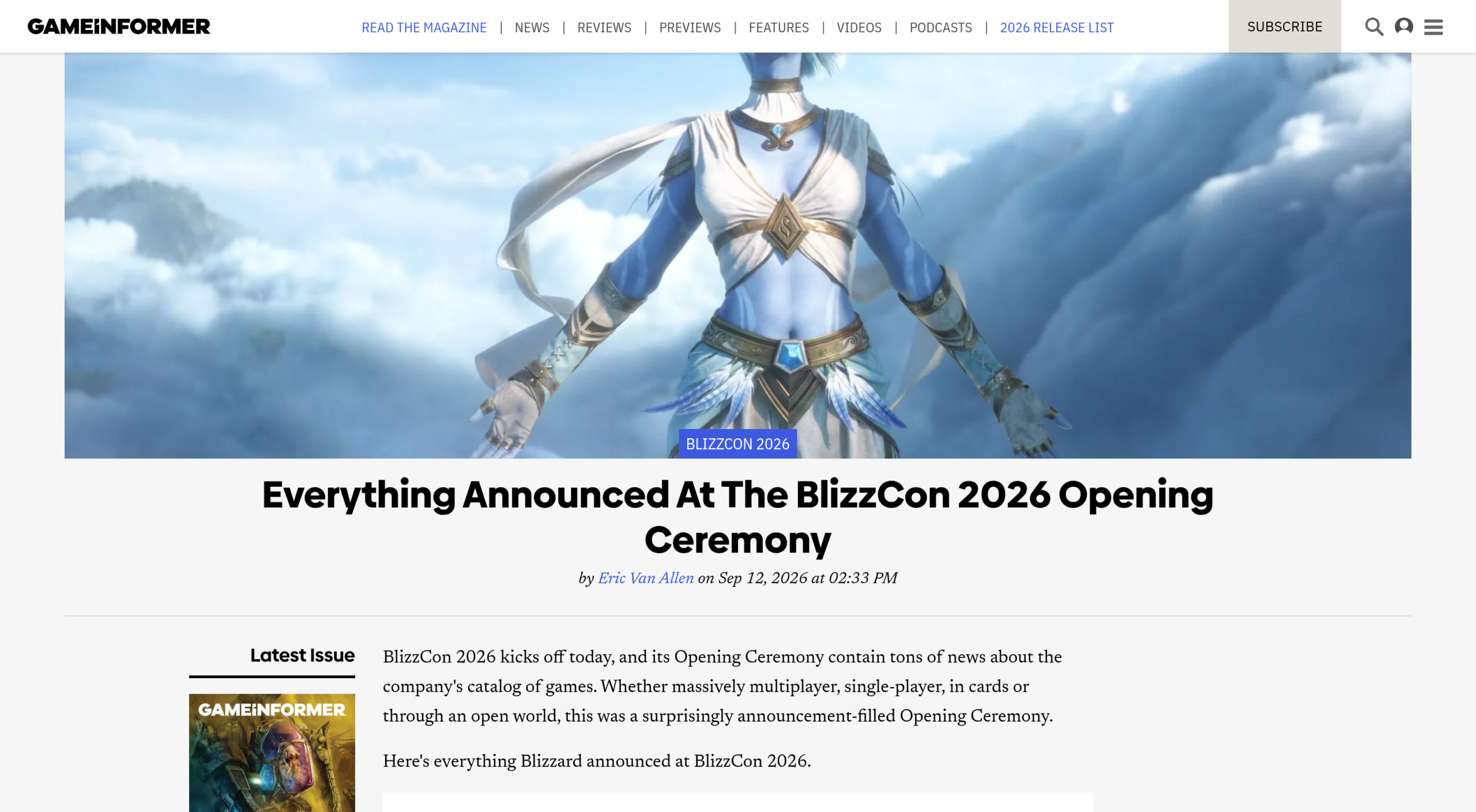 Une de Game Informer, article d'Eric Van Allen daté du 12 septembre 2026 sur les annonces de la BlizzCon