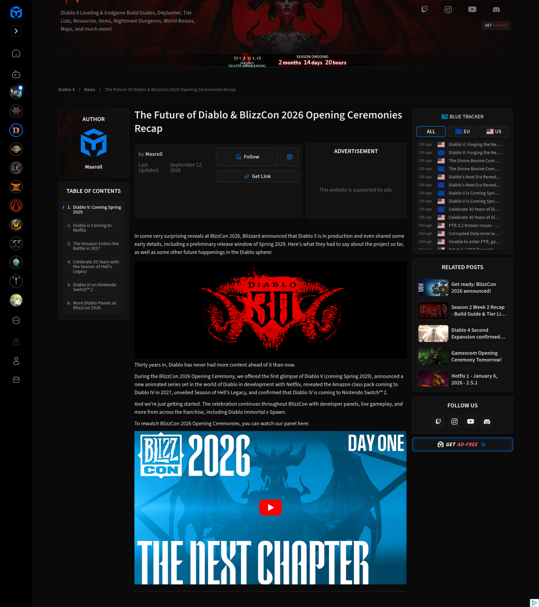 Récapitulatif Maxroll de la BlizzCon 2026 avec son sommaire listant l'Amazone en 2027, la saison Hell's Legacy et la Switch 2