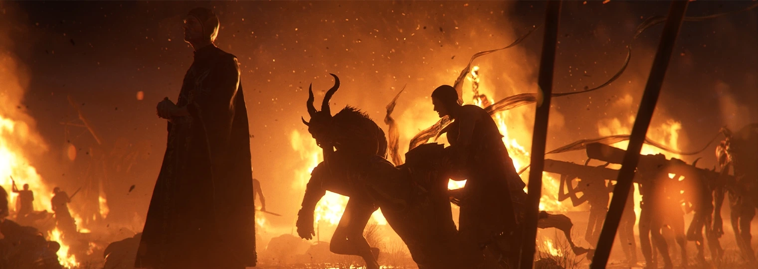 Visuel officiel de Diablo V : silhouettes d'un homme en cape, d'un démon cornu et de compagnons devant une ville en flammes