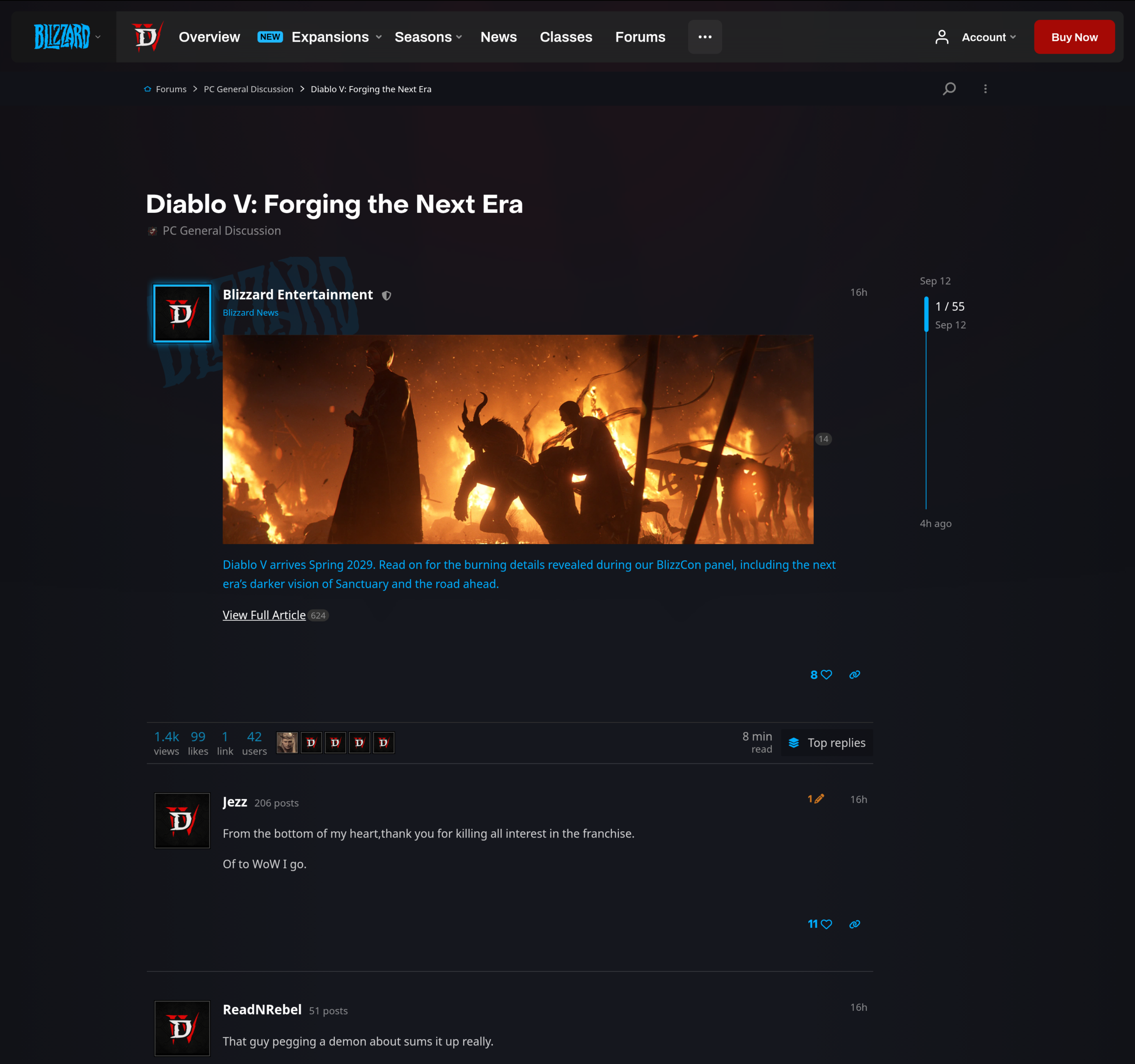 Post officiel Blizzard Entertainment sur les forums Diablo IV intitulé Diablo V: Forging the Next Era, avec le visuel de la caravane